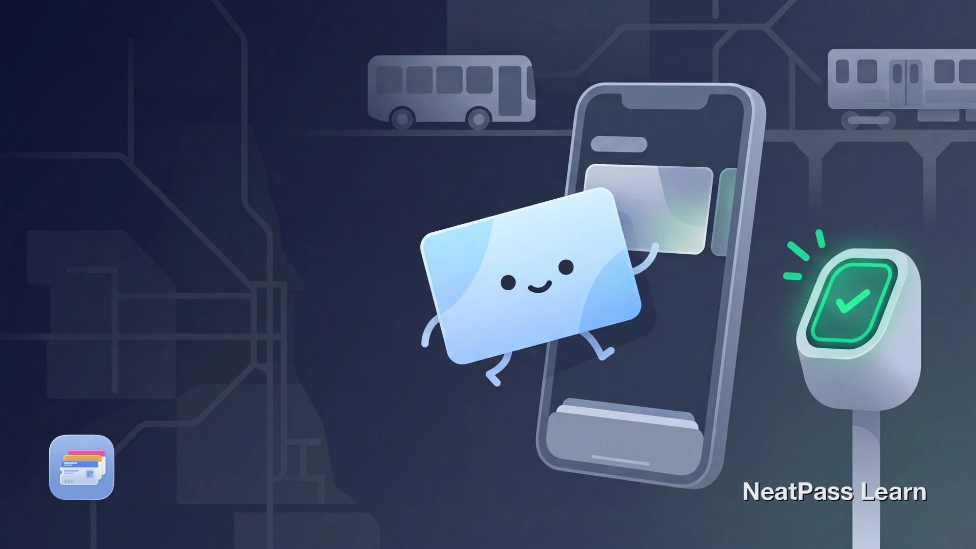 Stylized Ventra transit card with a cute face hopping happily into an open Apple Wallet on a smartphone, tapping a friendly Chicago CTA fare reader that glows emerald green