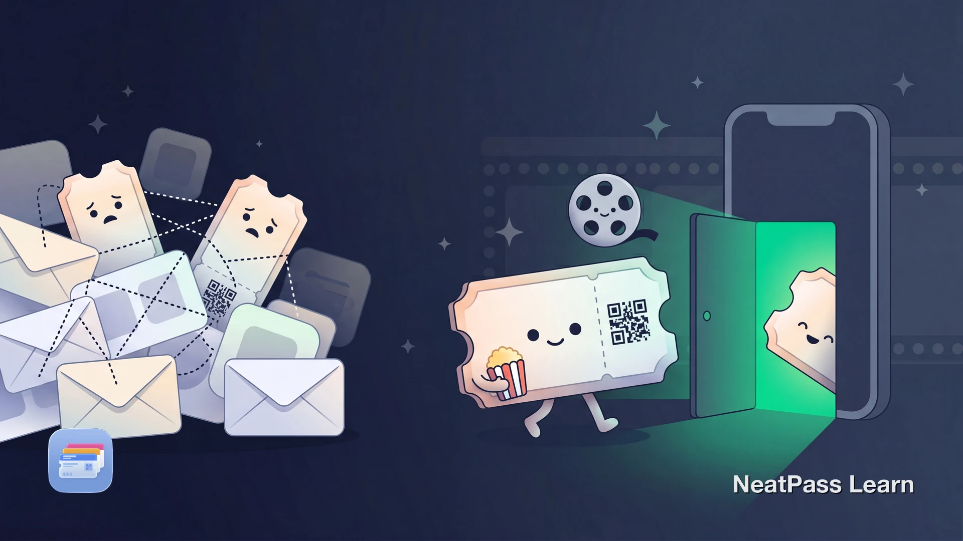 Kawaii cinema ticket card with a cute face and a small QR pattern, a popcorn and film-reel motif beside it, walking happily into a cozy wallet-home, while a couple of tickets stay stuck in a broken link web outside, emerald accent