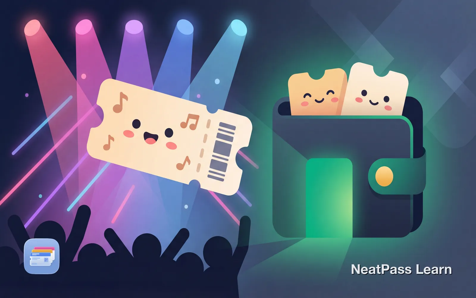 A concert ticket with a happy face floating toward Apple Wallet, with stage lights and crowd silhouettes in the background