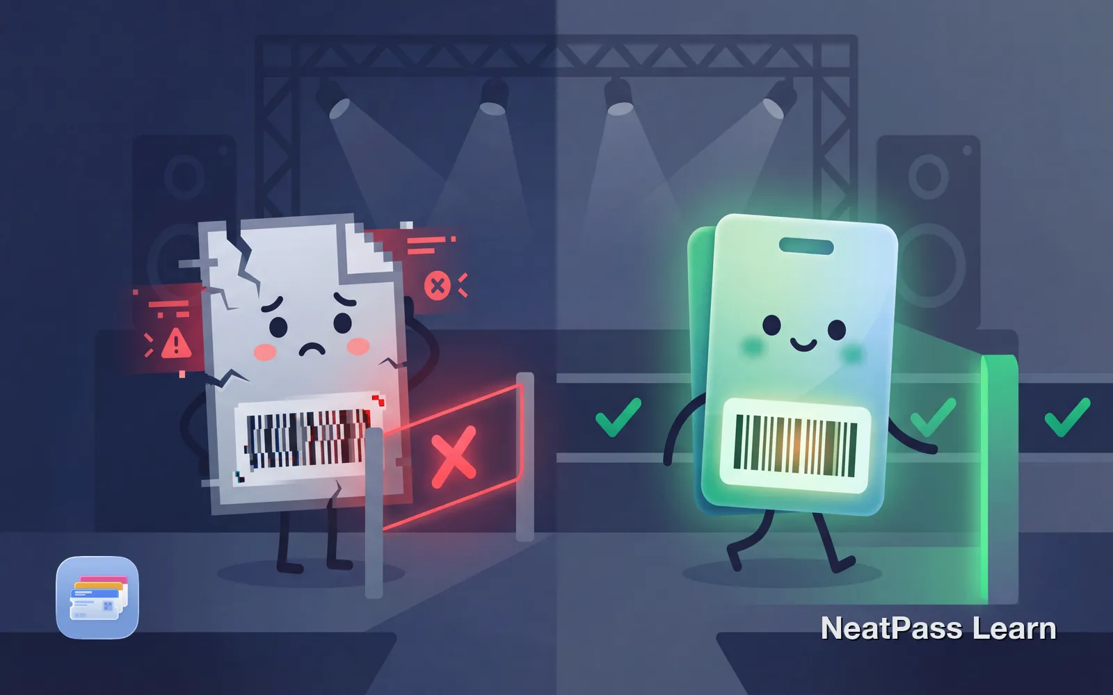 Concert ticket with rotating barcode animation showing why screenshots become invalid