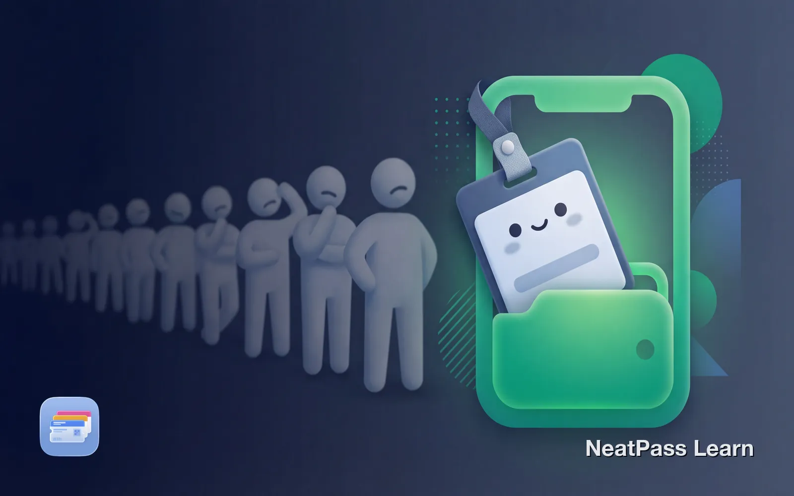 A friendly conference badge pass with a cute face entering Apple Wallet while a crowded check-in line fades in the background