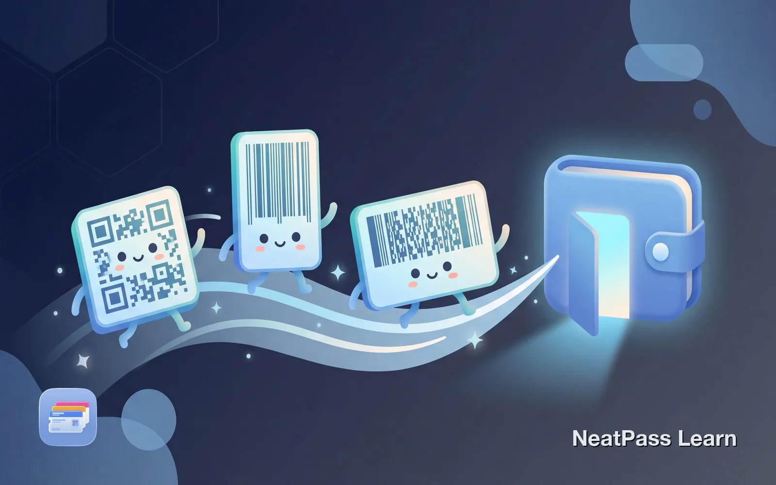 Multiple different barcode types - QR code, linear barcode, and stacked barcode - all flowing happily into a welcoming Apple Wallet icon