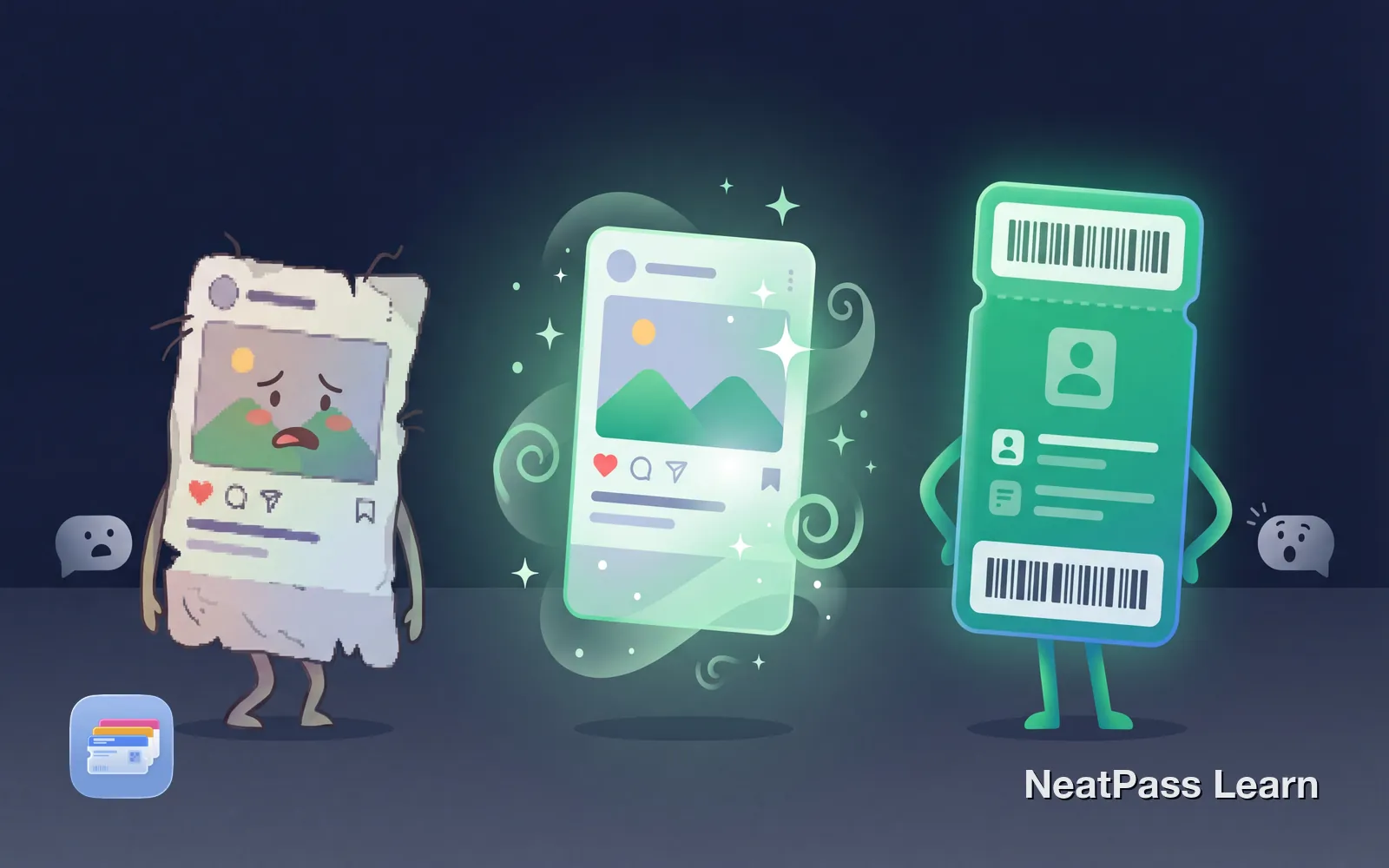 Screenshot transforming into a polished Apple Wallet pass with barcode extraction visualization