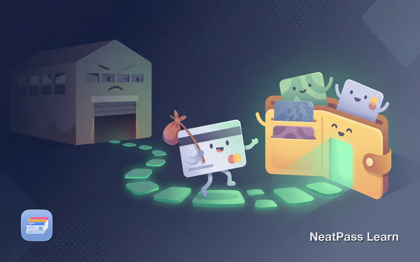 Stylized warehouse store membership card floating toward a welcoming wallet icon with emerald glow