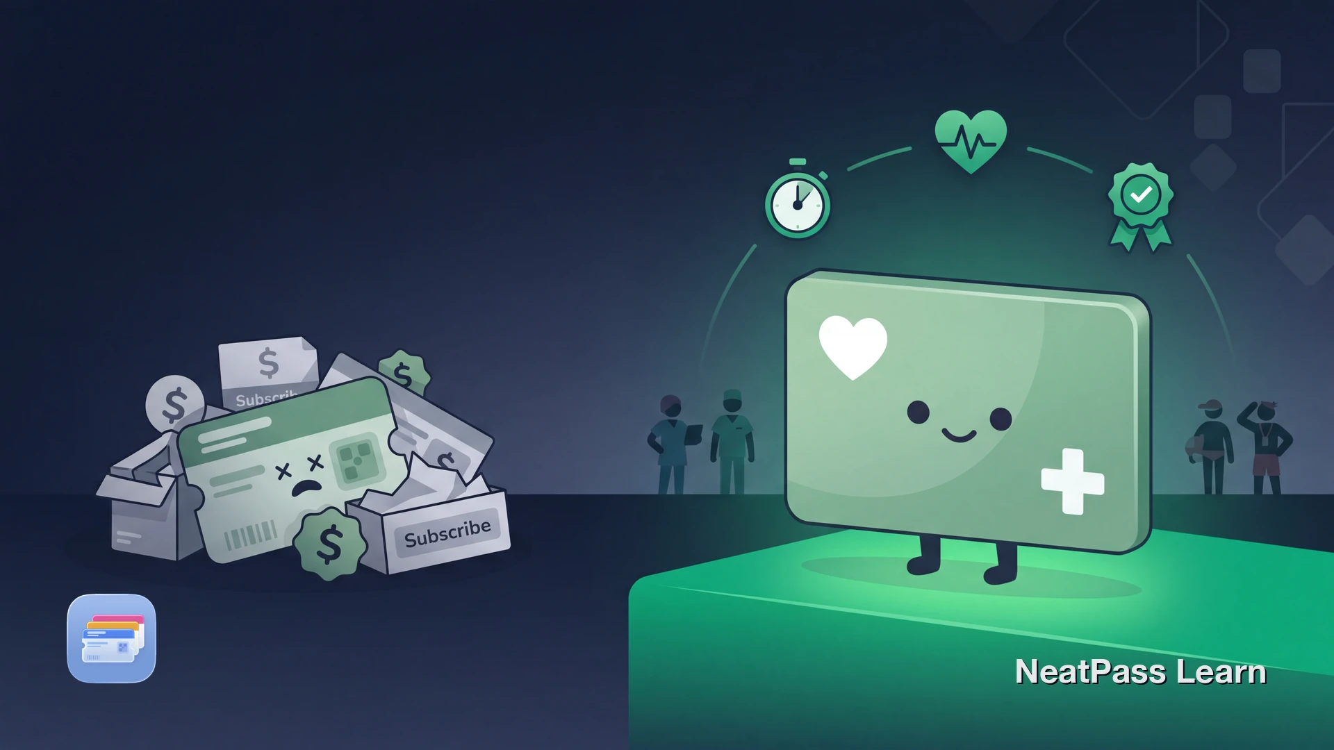 A friendly CPR certification card with a heart symbol floating toward a welcoming wallet with emerald glow