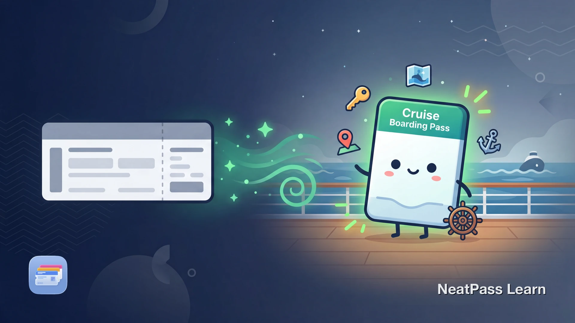 A cheerful cruise ship pass card with a cute face sailing toward a glowing Apple Wallet dock, surrounded by ocean waves