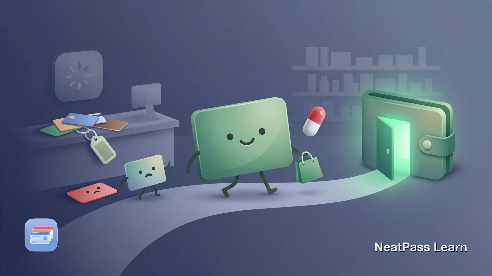 Stylized pharmacy loyalty card with a friendly face floating toward a welcoming wallet icon with emerald glow