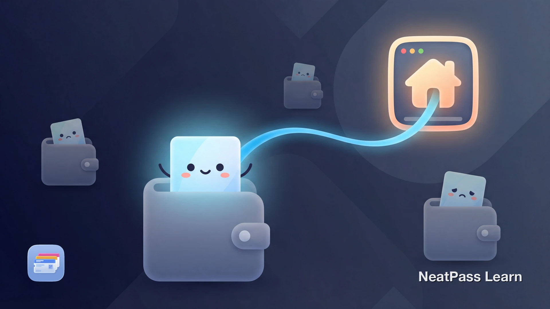 Illustrated pass card with a friendly face linking from Apple Wallet back to NeatPass app via a glowing connection line