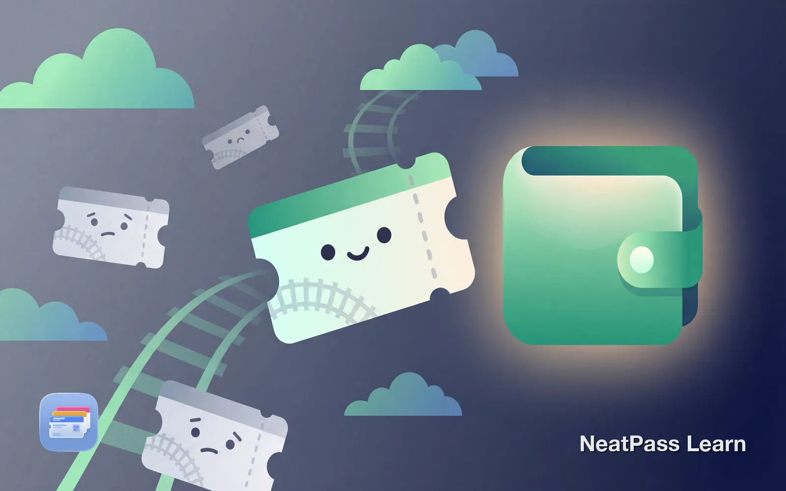 Stylized train ticket with cute face floating toward a welcoming wallet with emerald glow and railway tracks in background