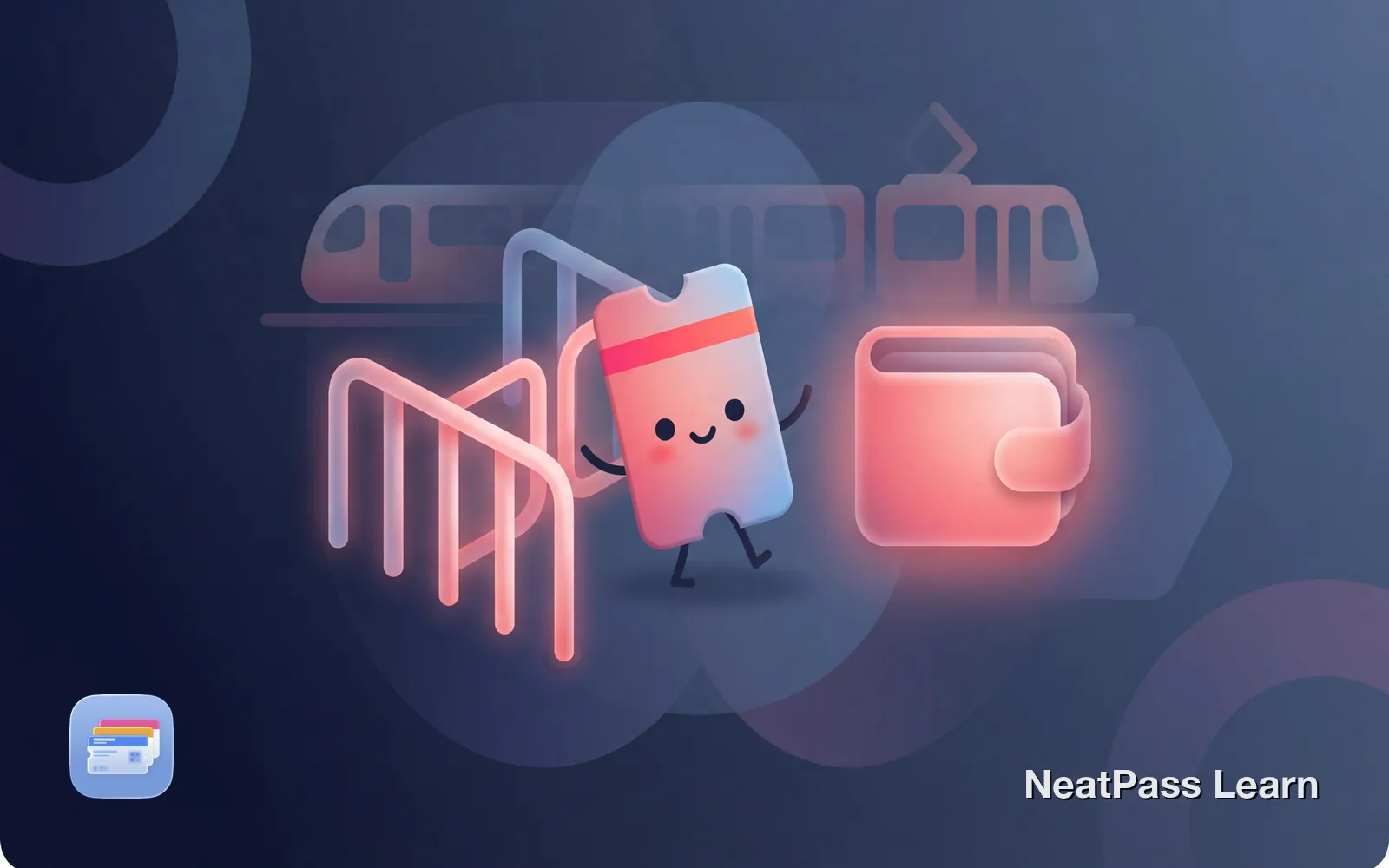 Stylized transit ticket with cute face traveling through a turnstile toward a welcoming wallet with rose glow and train silhouettes in background