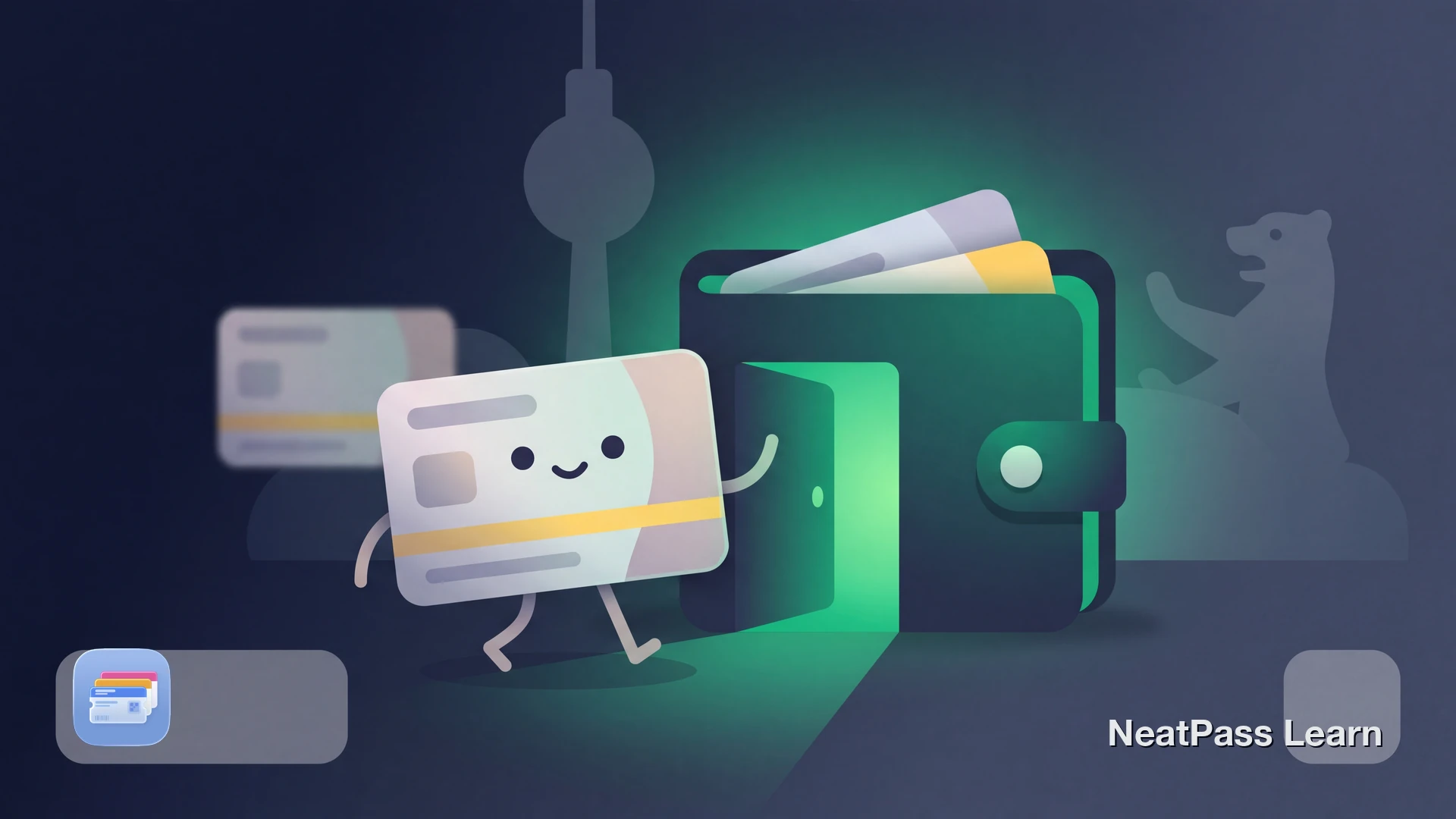 Stylized monthly Berlin transit pass with a cute kawaii face stepping into an open wallet, gentle emerald glow and U-Bahn silhouettes in the background