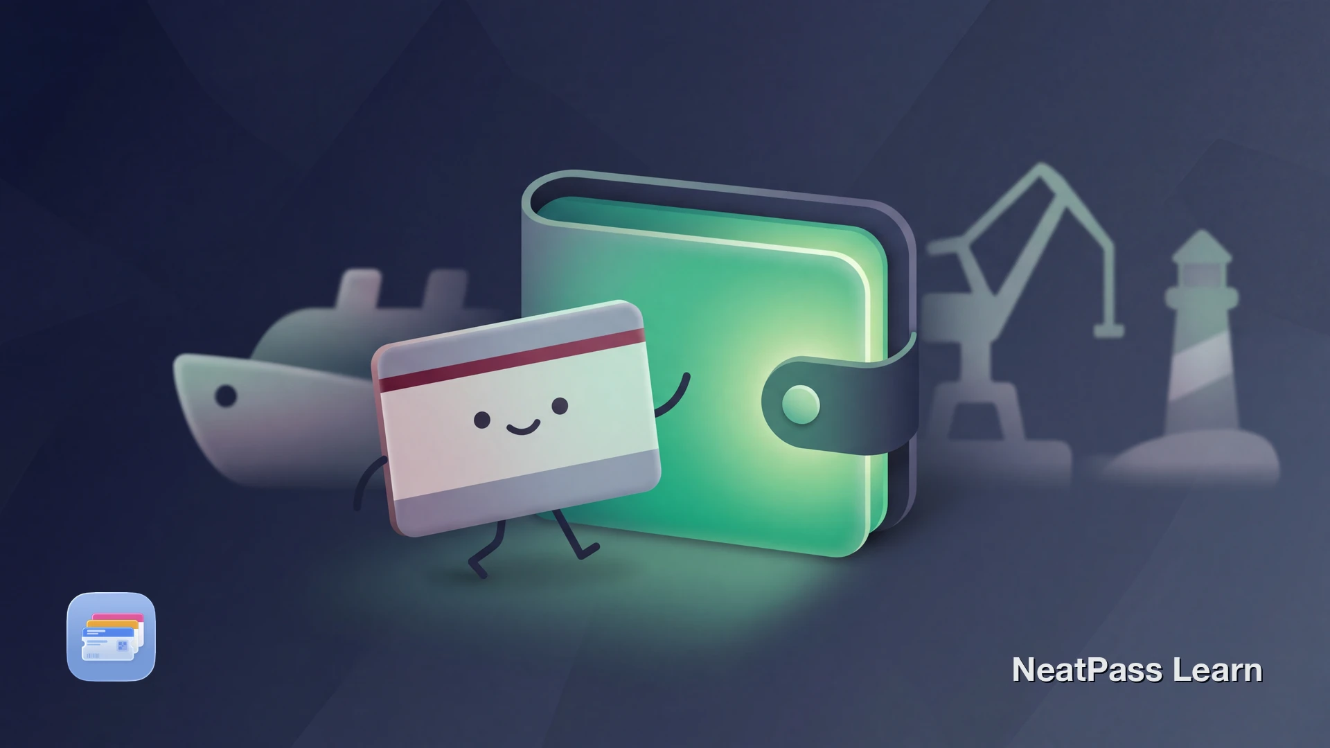Stylized Hamburg transit ticket with a cute face hopping from an HVV-style platform into a welcoming wallet with emerald glow and harbor crane silhouettes in the background