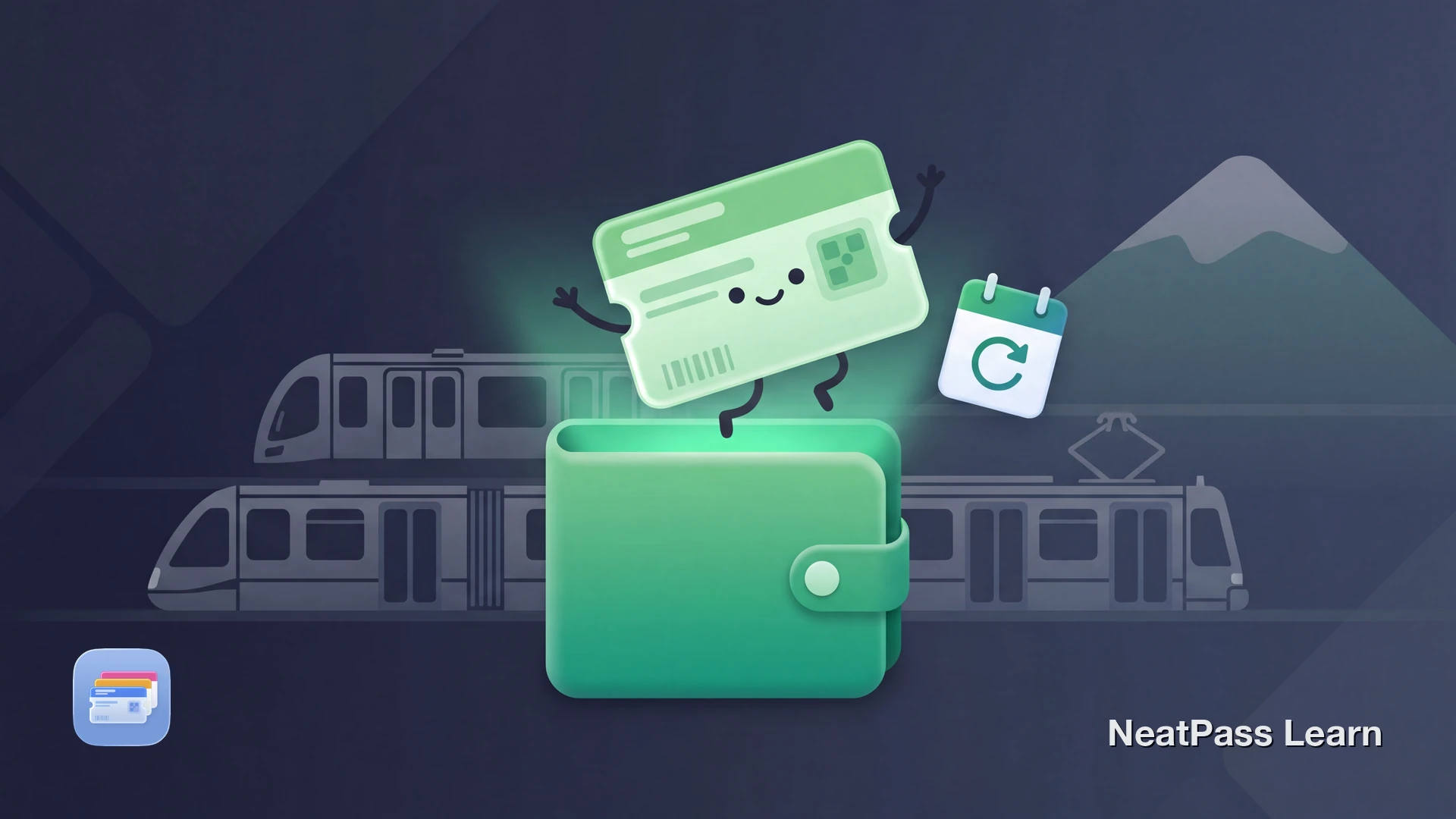 Stylized Munich transit pass with a cute kawaii face hopping into an open wallet, gentle emerald glow and U-Bahn silhouettes in the background