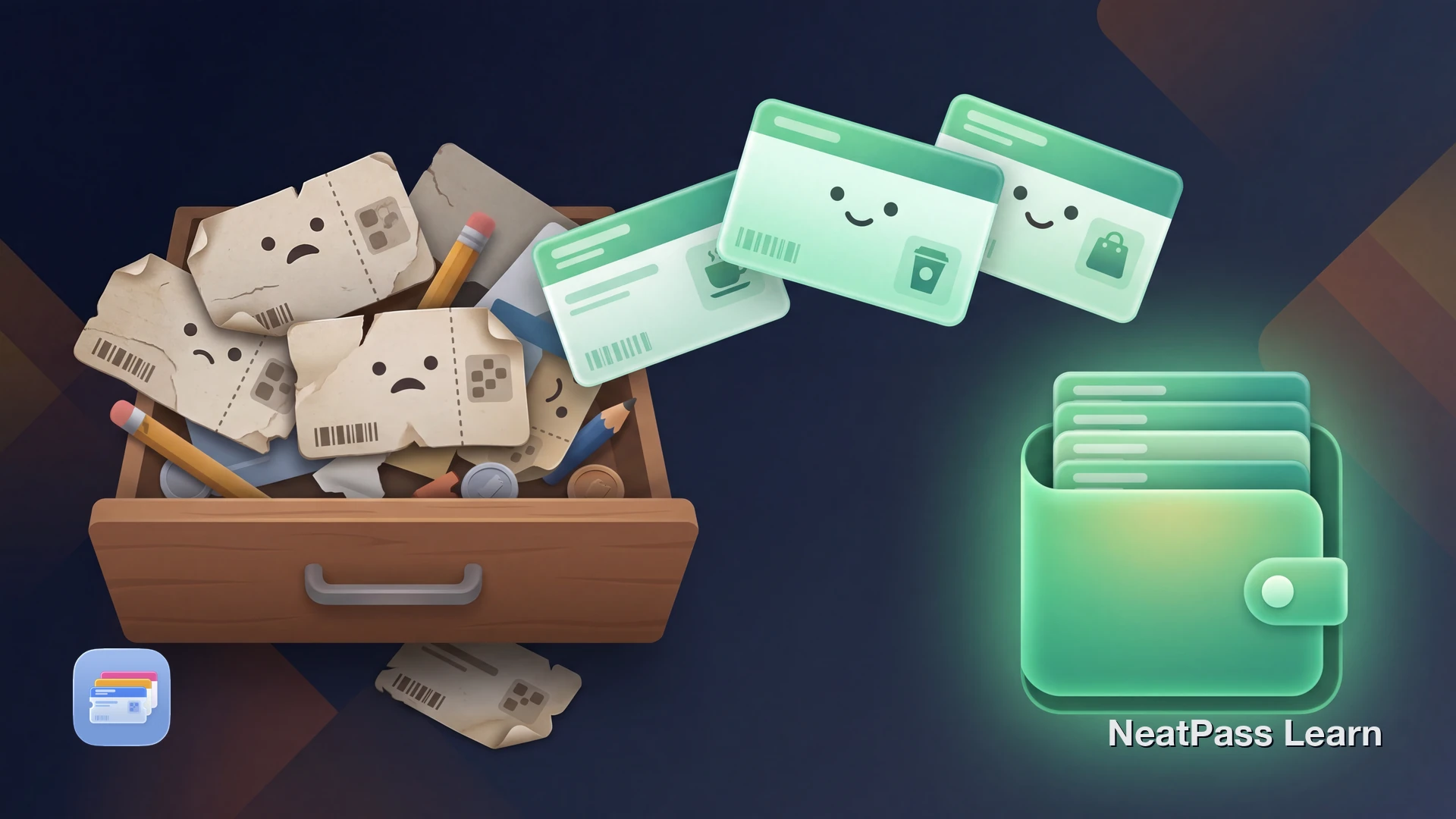 Cheerful punch cards with cute faces leaving a messy drawer and floating toward an organized Apple Wallet with emerald glow