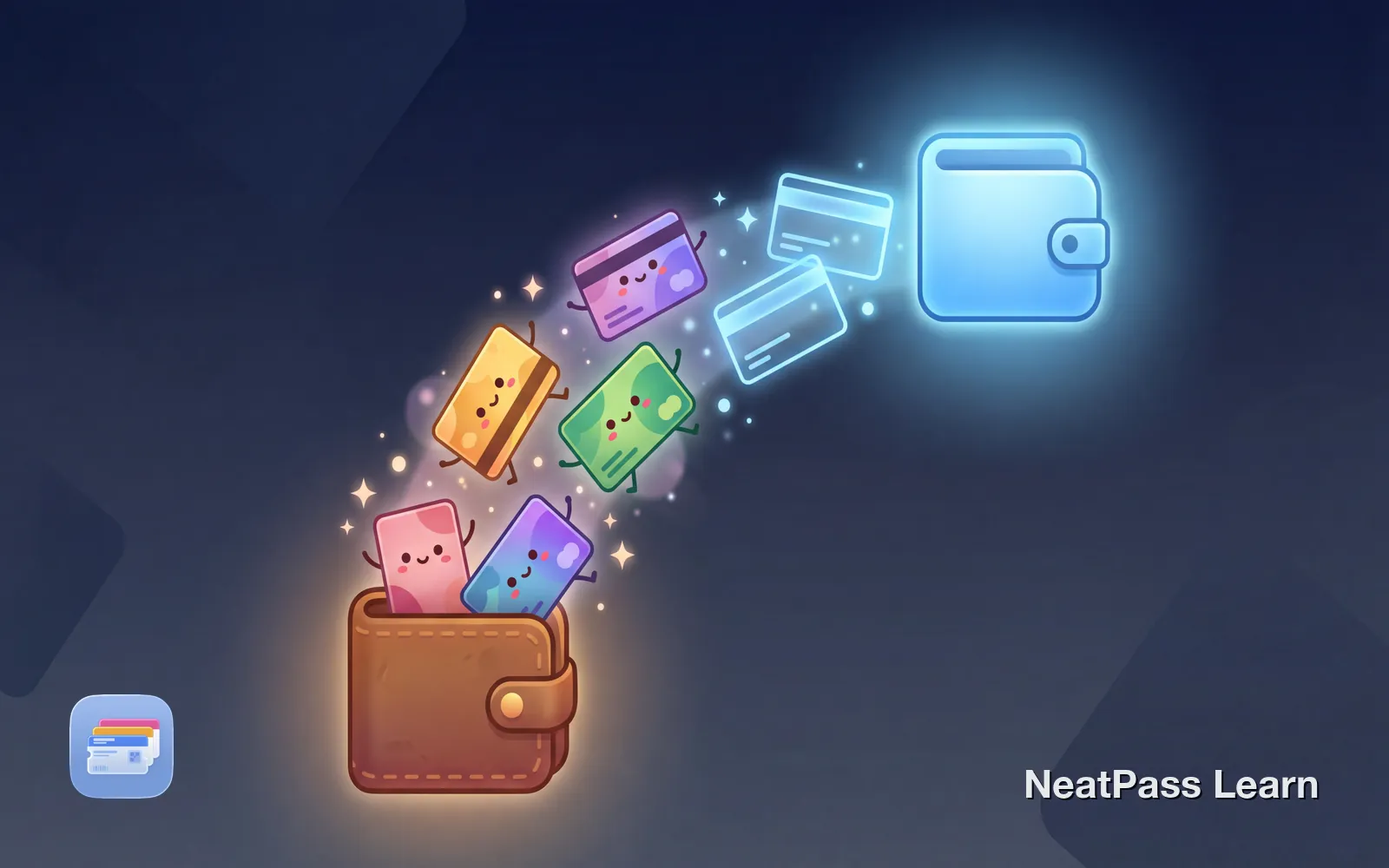 Colorful loyalty cards with cute faces floating from a physical wallet toward an iPhone, happy expressions as they digitize