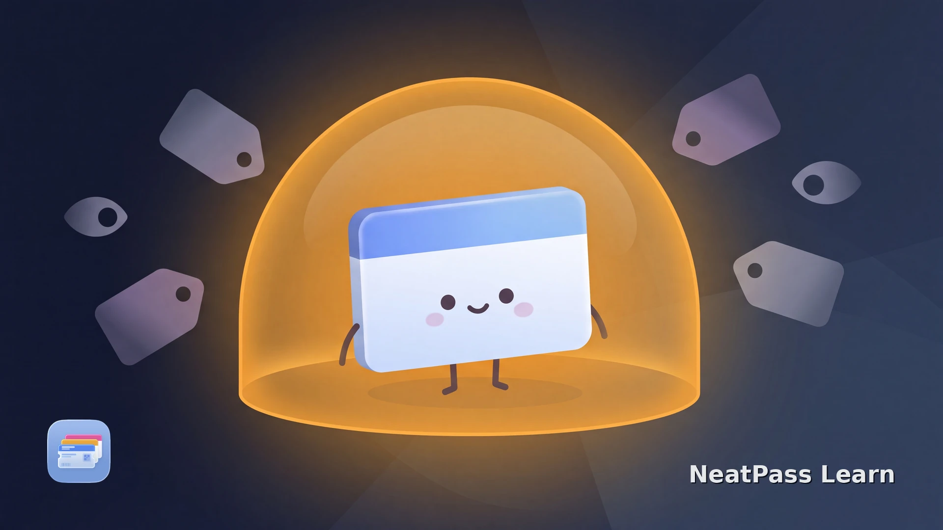 A cute card with a simple happy face safe inside a warm amber protective dome, while shadowy price-tag and eye shapes are kept at a distance, kawaii style