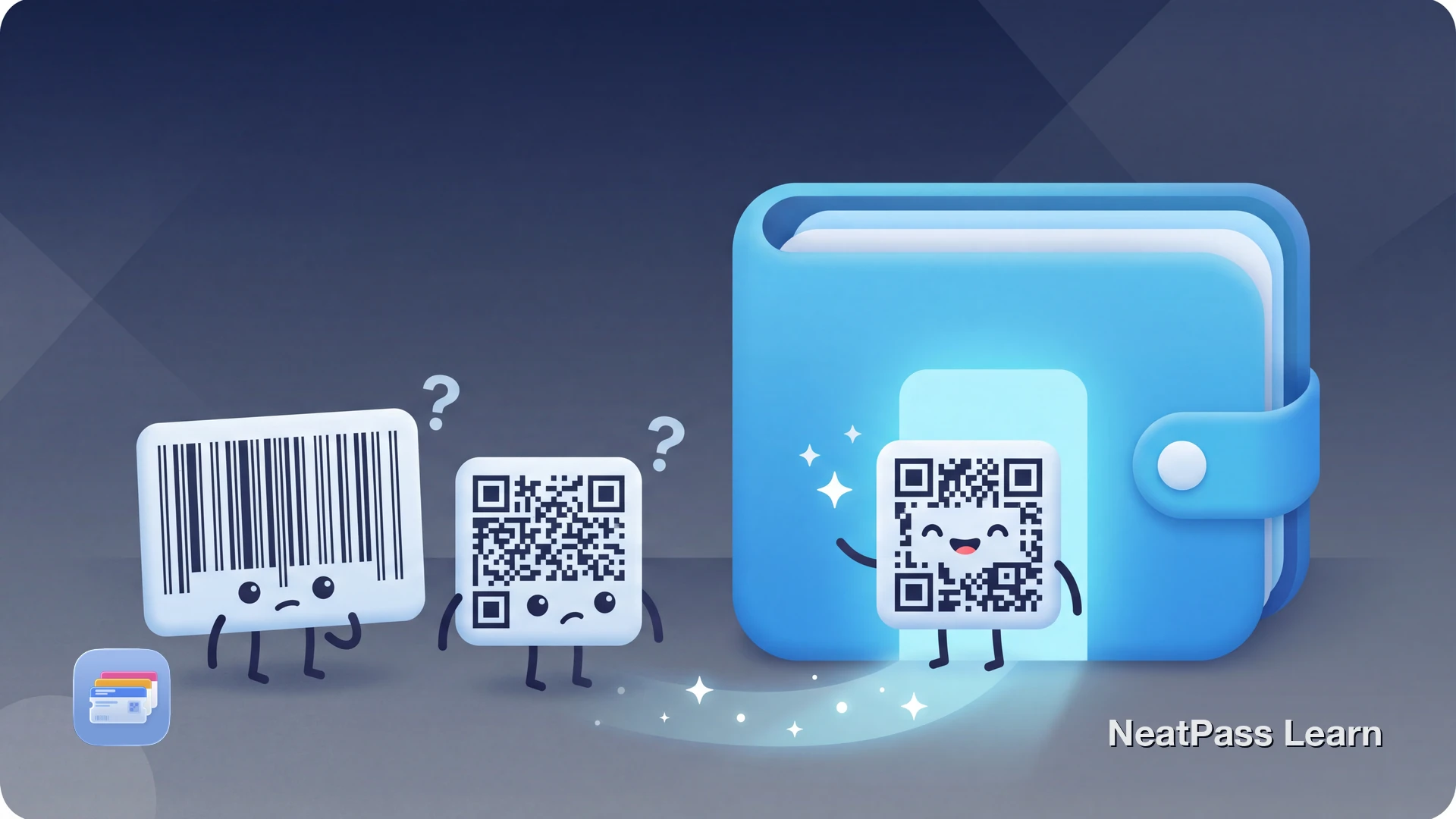EAN-13 and DataMatrix barcodes transforming into QR codes for Apple Wallet, showing the conversion process