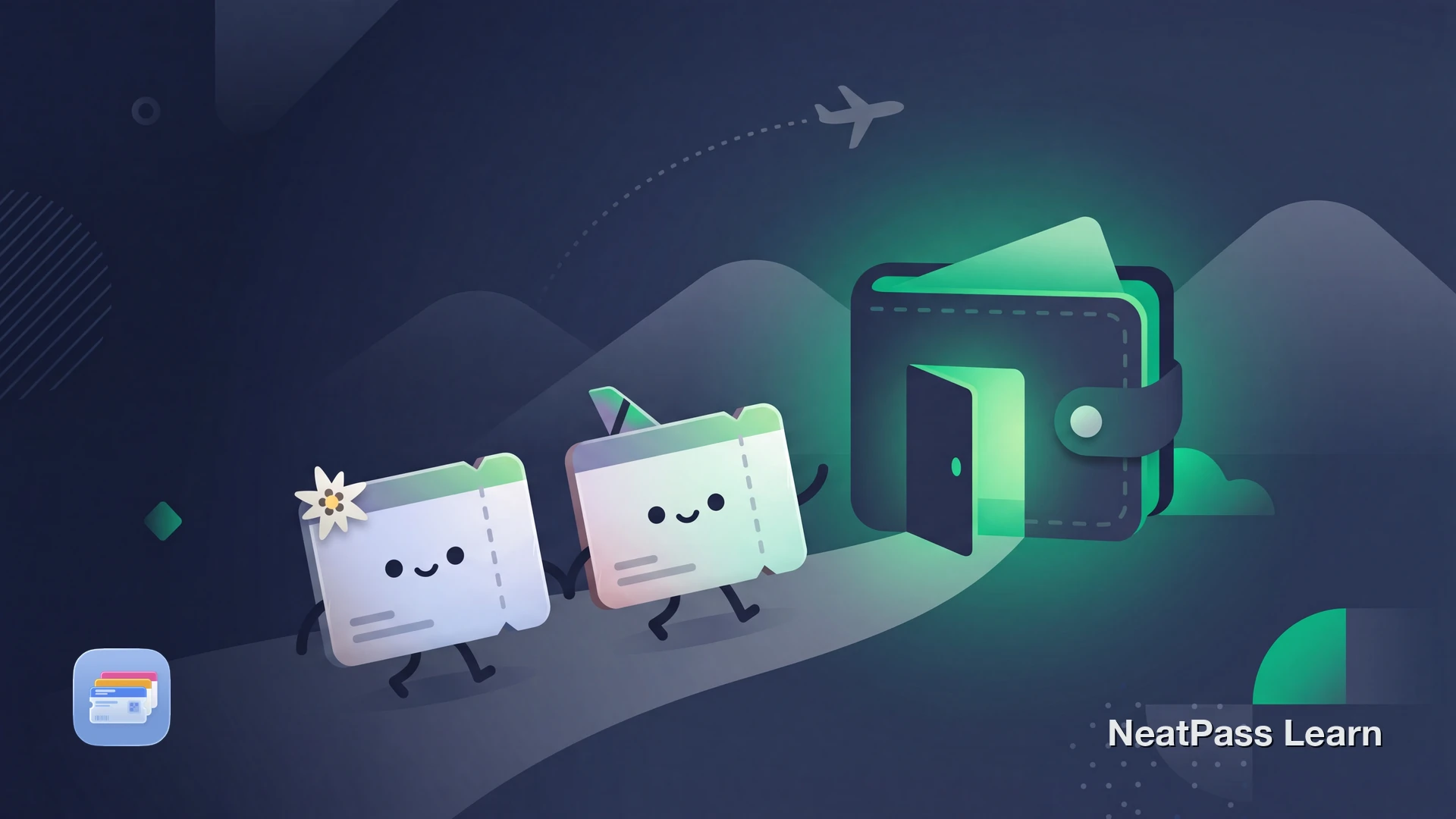 Two friendly boarding pass cards with cute kawaii faces representing Edelweiss and Helvetic Airways settling into a cozy Apple Wallet home, framed by soft alpine shapes and a small airplane in the sky