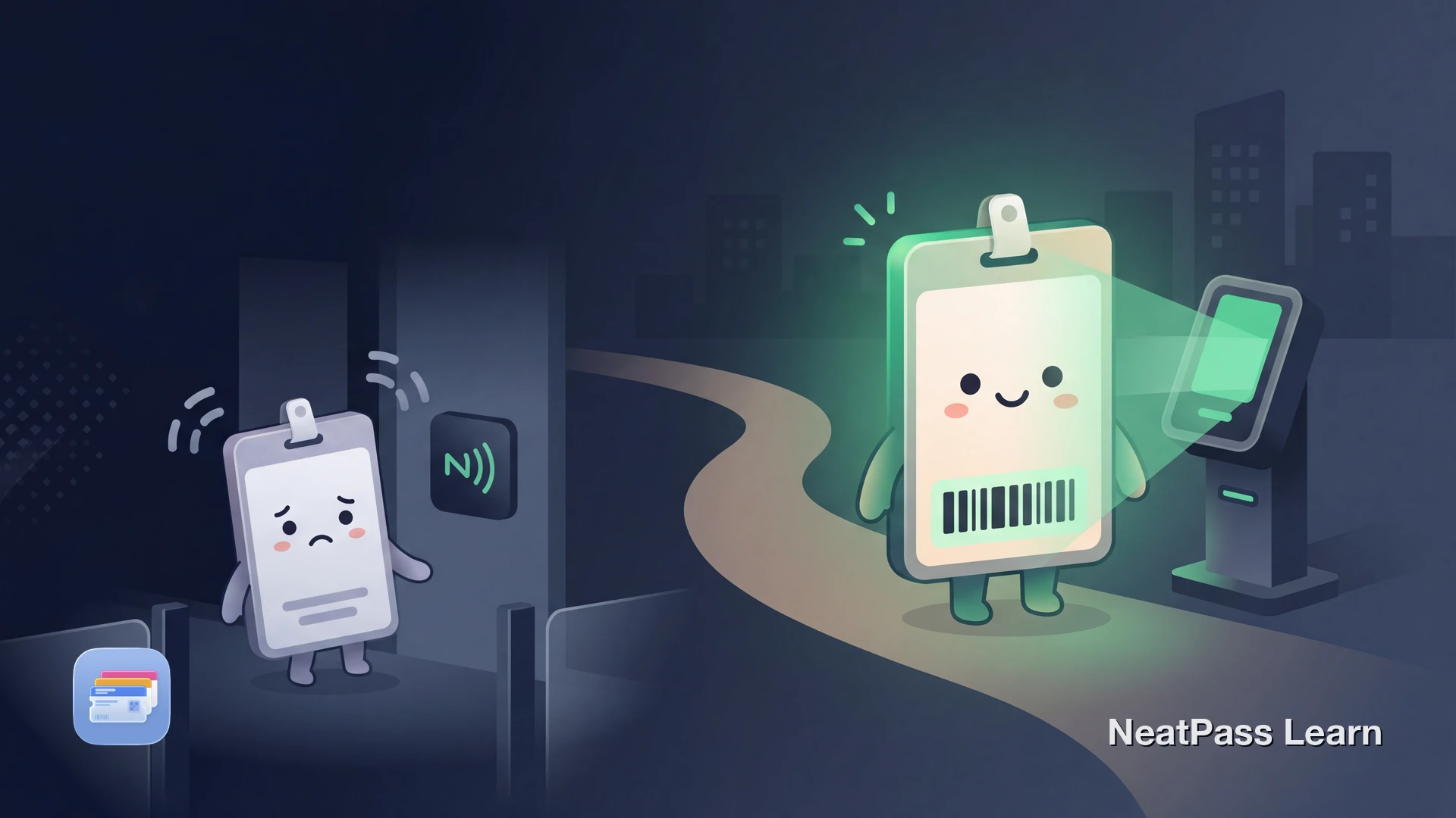 A friendly employee badge pass with a cute face standing between a locked NFC door reader and an open Apple Wallet, showing the dual nature of badge digitization