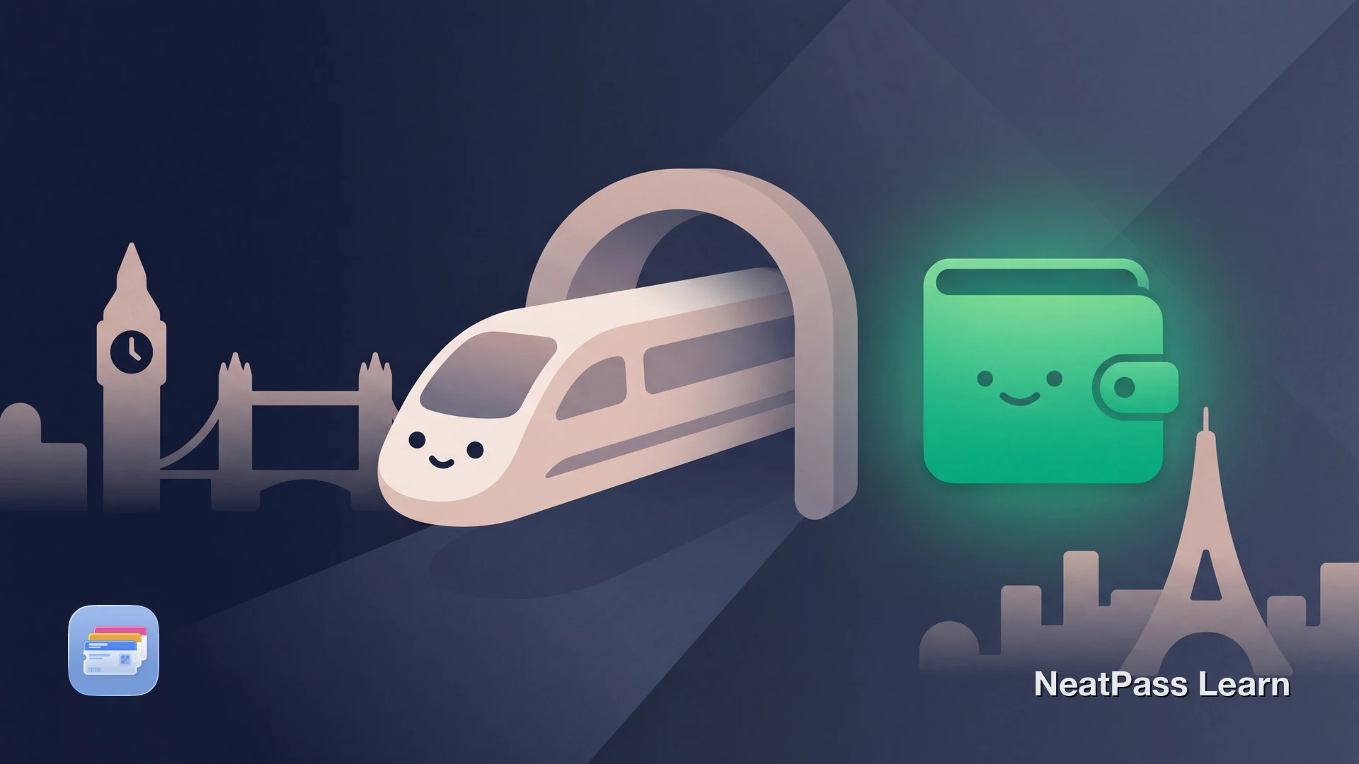 Stylized Eurostar high-speed train ticket with a cute face gliding through a Channel Tunnel arch into a welcoming Apple Wallet glowing emerald, with subtle London and Paris skyline silhouettes in the background