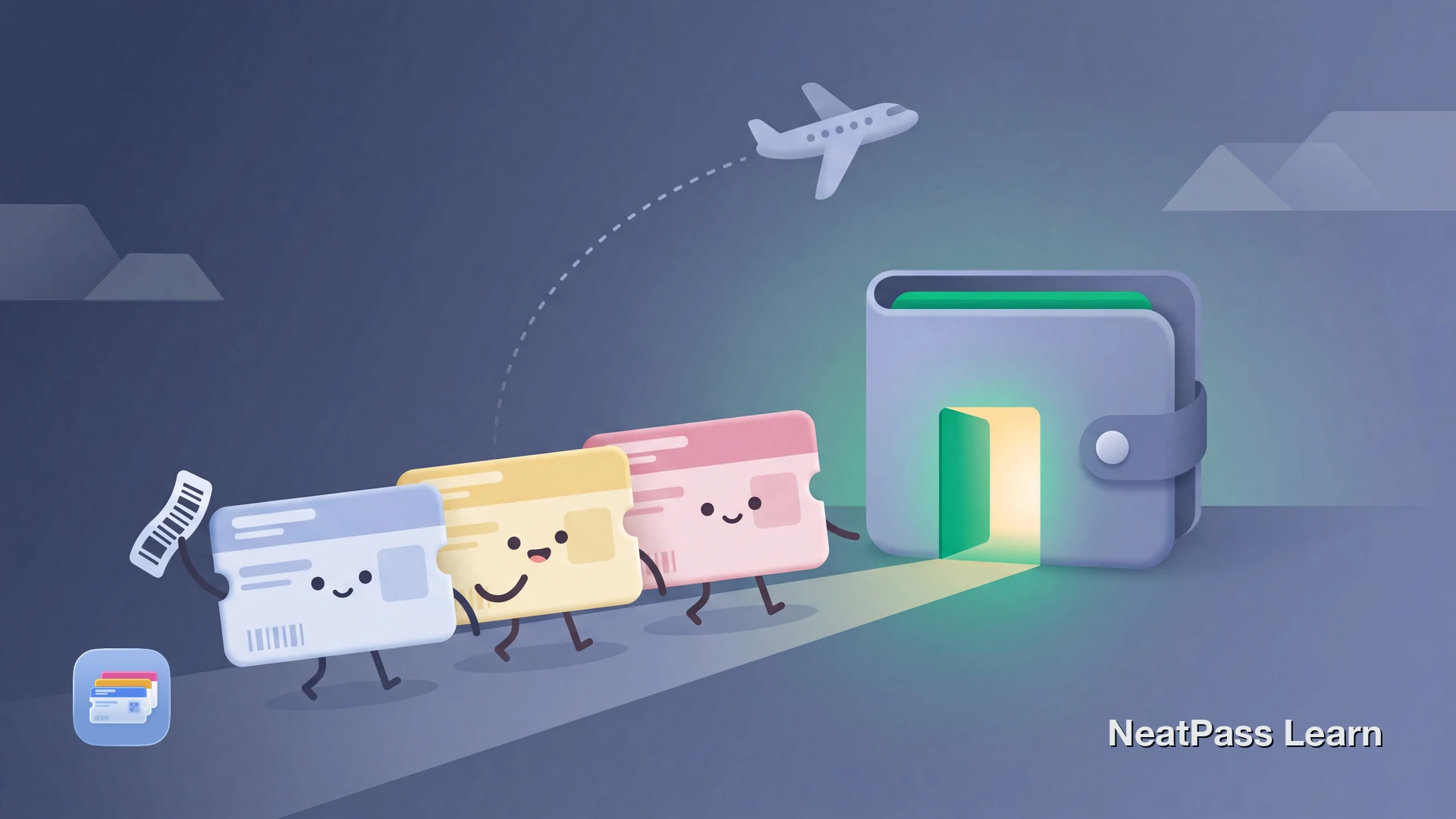 Three friendly boarding pass cards with cute kawaii faces representing Eurowings, Condor, and ITA Airways lining up at a cozy Apple Wallet home with a small airplane in the sky