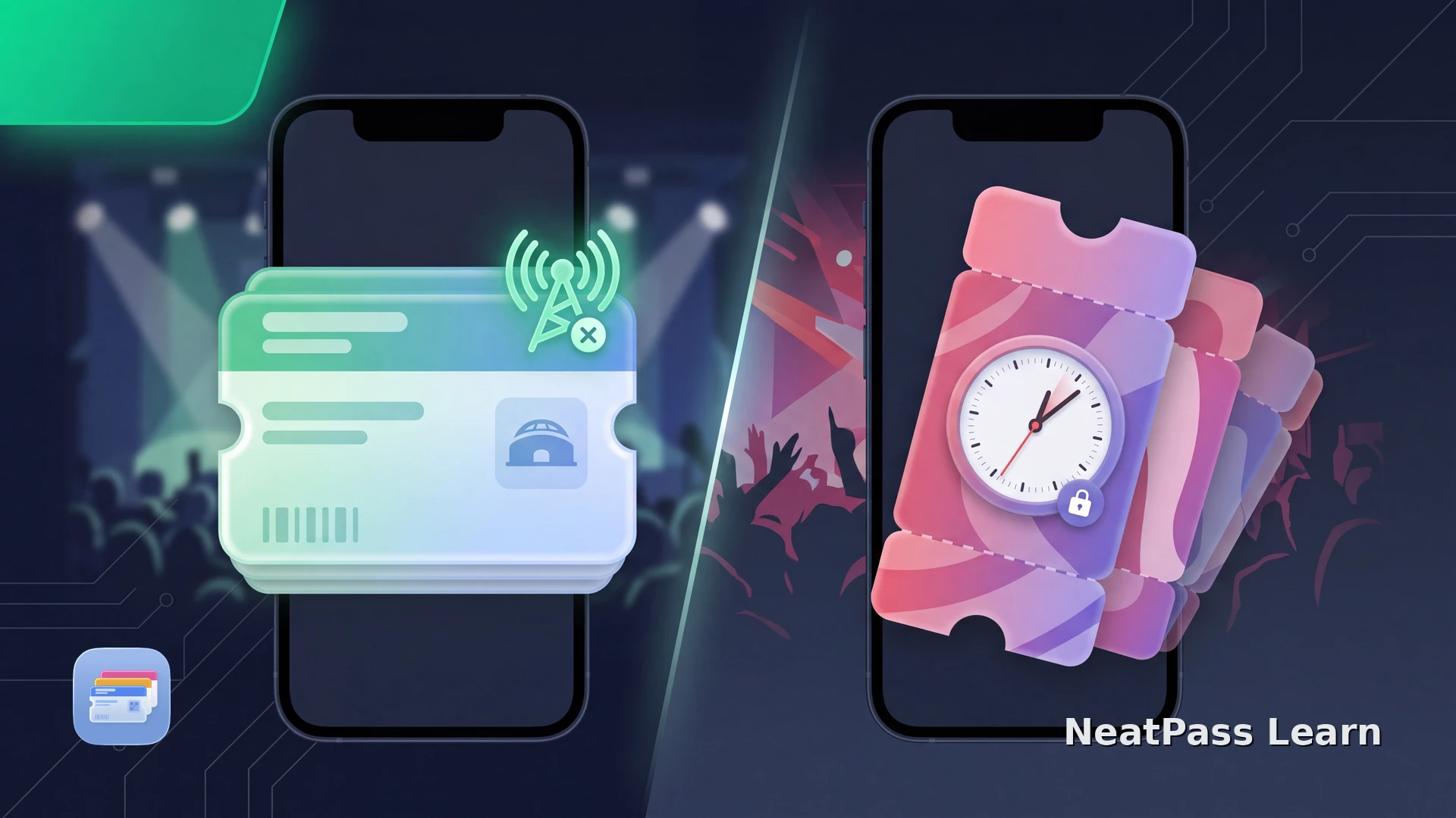 A stable event pass glowing offline in Apple Wallet beside a phone showing a changing issuer ticket