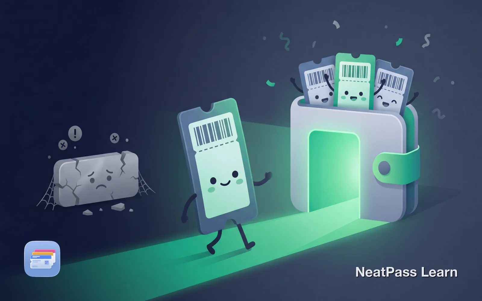 A friendly event ticket with a cute face successfully entering Apple Wallet while a broken button fades in the background