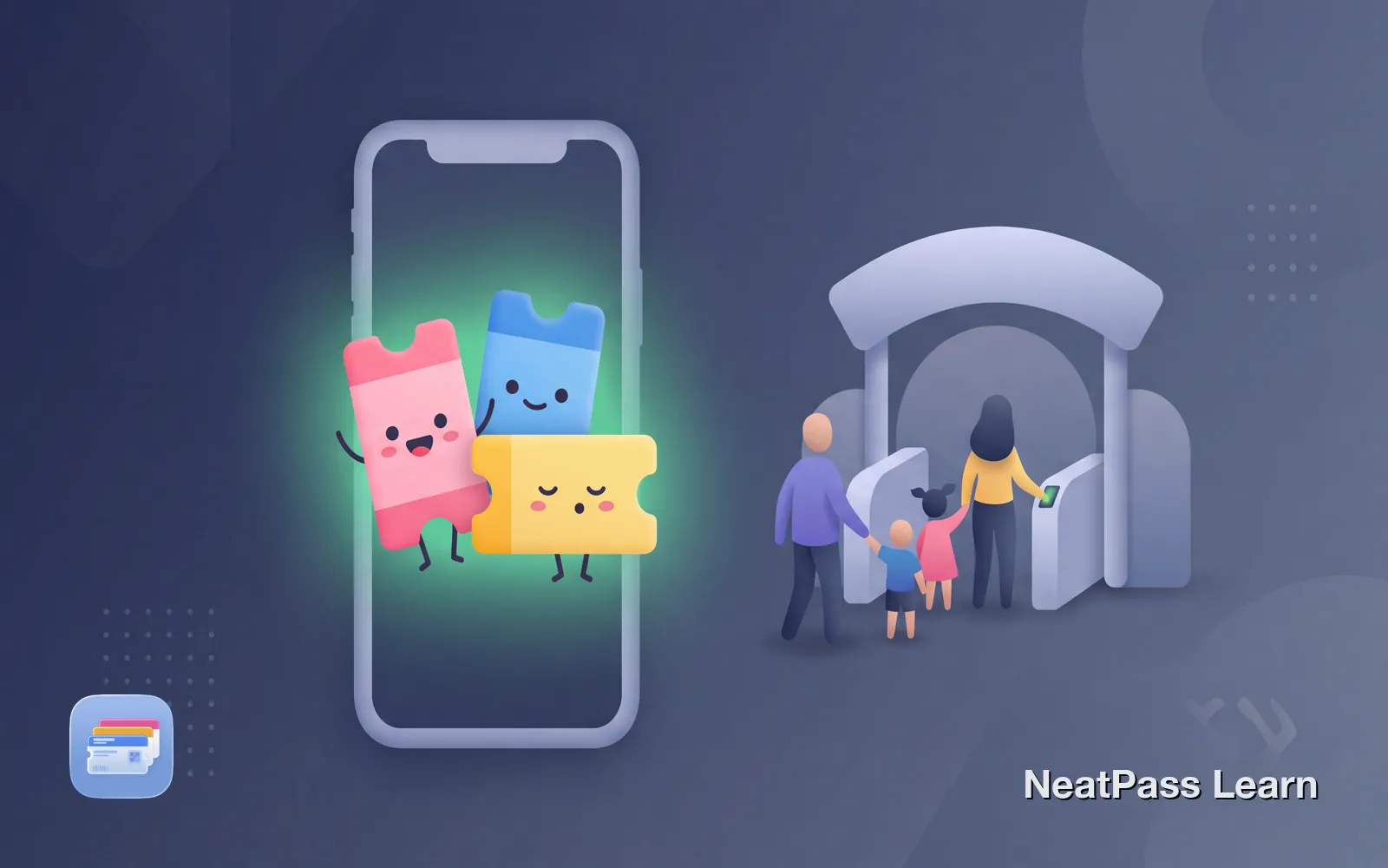 Multiple friendly event passes with cute faces grouped together on a phone, with a happy family silhouette in the background