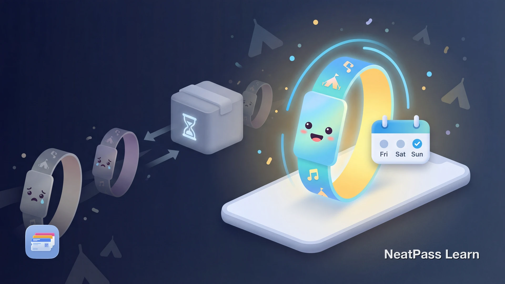 A happy festival wristband pass staying visible on a phone lock screen while confused Day 1 passes fade into the expired folder