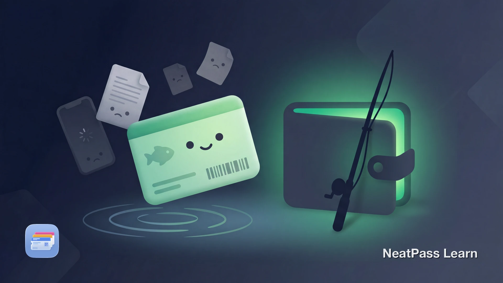 A friendly fishing license card floating toward a welcoming Apple Wallet with emerald glow and water ripple elements