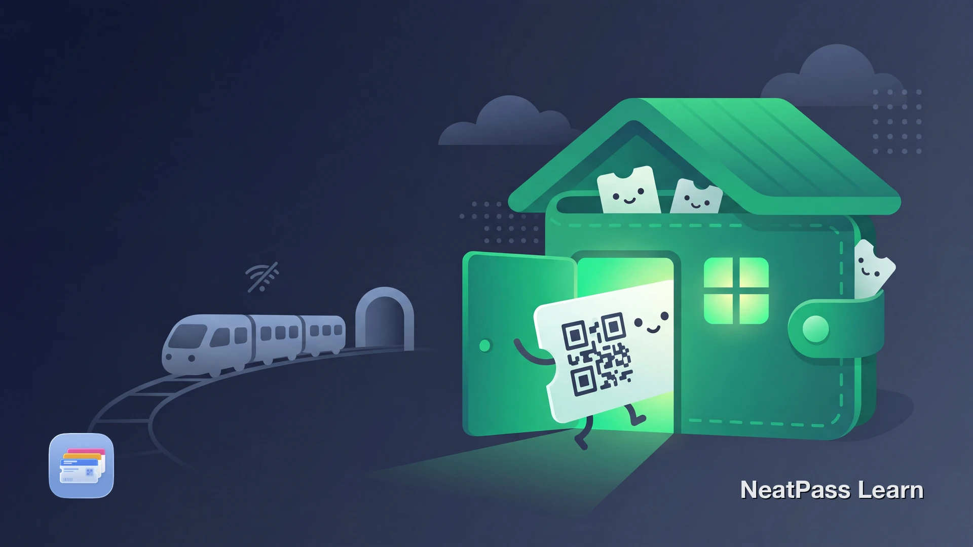A FlixTrain-style rail ticket with a QR code being turned into an Apple Wallet pass on an iPhone