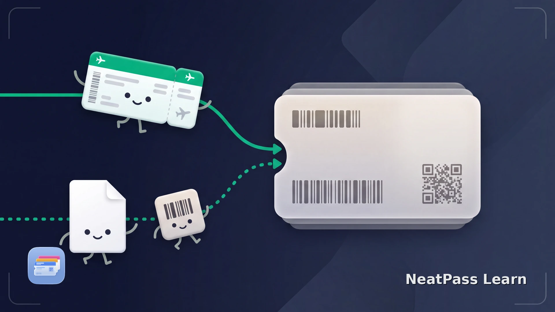 An airline flight ticket, PDF, and barcode route toward an Apple Wallet pass on an iPhone
