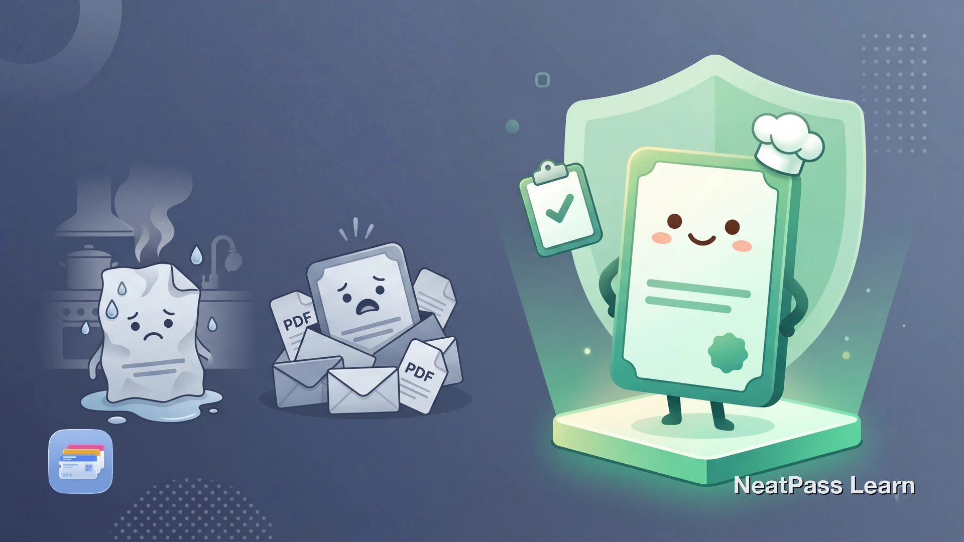 A friendly food handler certificate card floating toward a welcoming wallet with emerald glow, kitchen utensils in the background