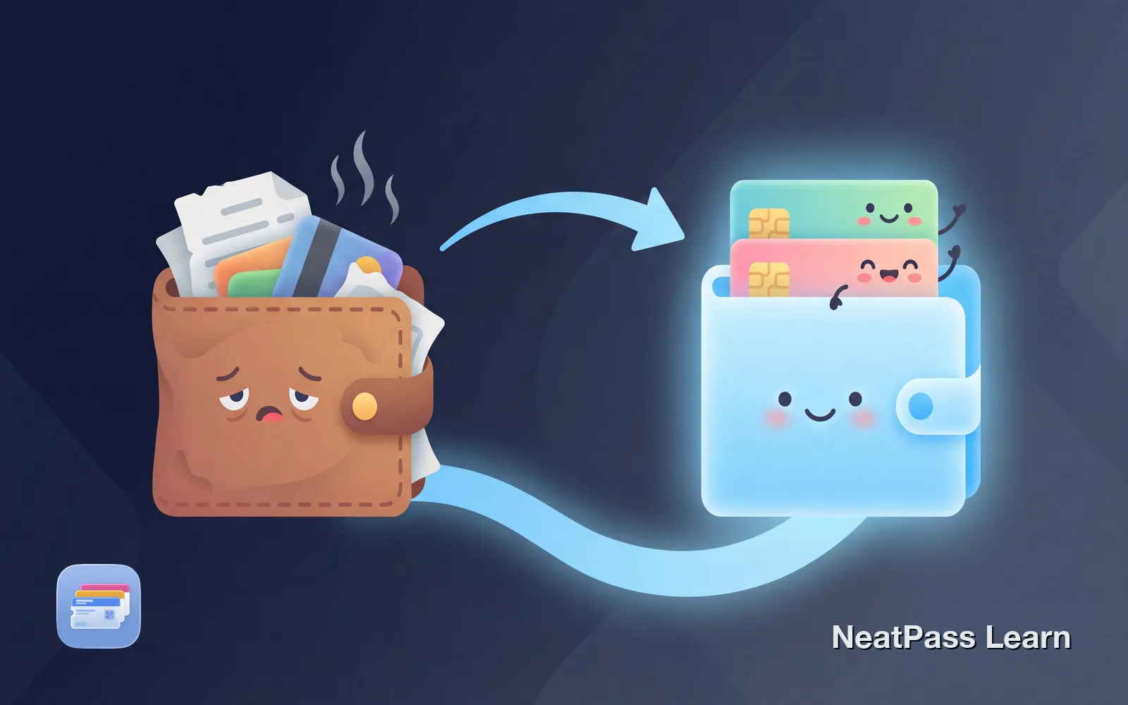 Physical wallet opening with colorful cards floating out toward an iPhone, cards have happy faces as they transform into digital passes