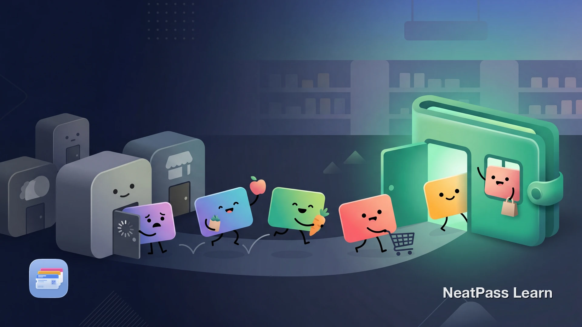 Cheerful grocery loyalty cards with cute faces escaping from multiple store app icons toward a welcoming Apple Wallet with emerald glow