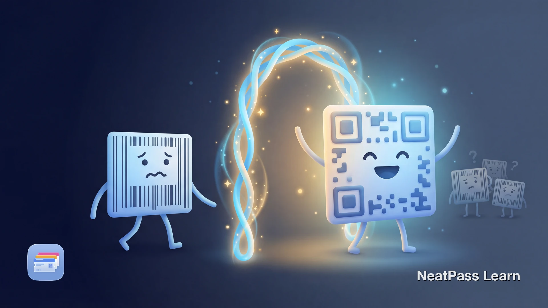 A GS1 DataBar barcode transforming into a QR code with an Apple Wallet icon, showing the conversion process