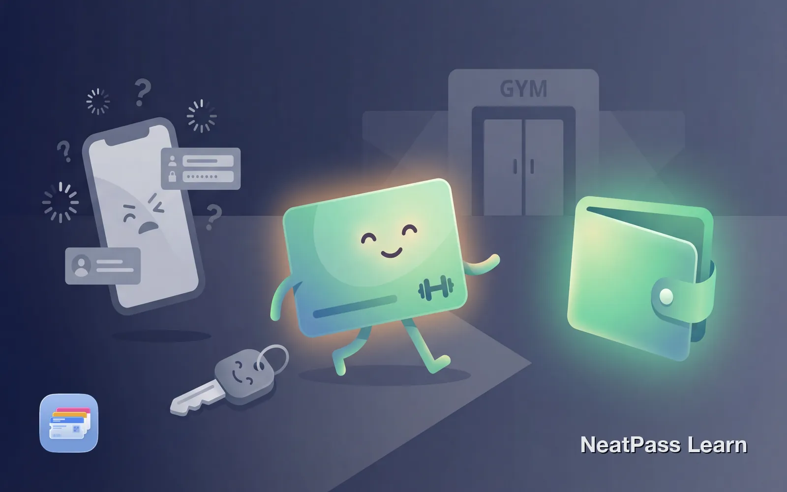 Stylized gym membership card with dumbbell icon floating toward a welcoming wallet with emerald glow