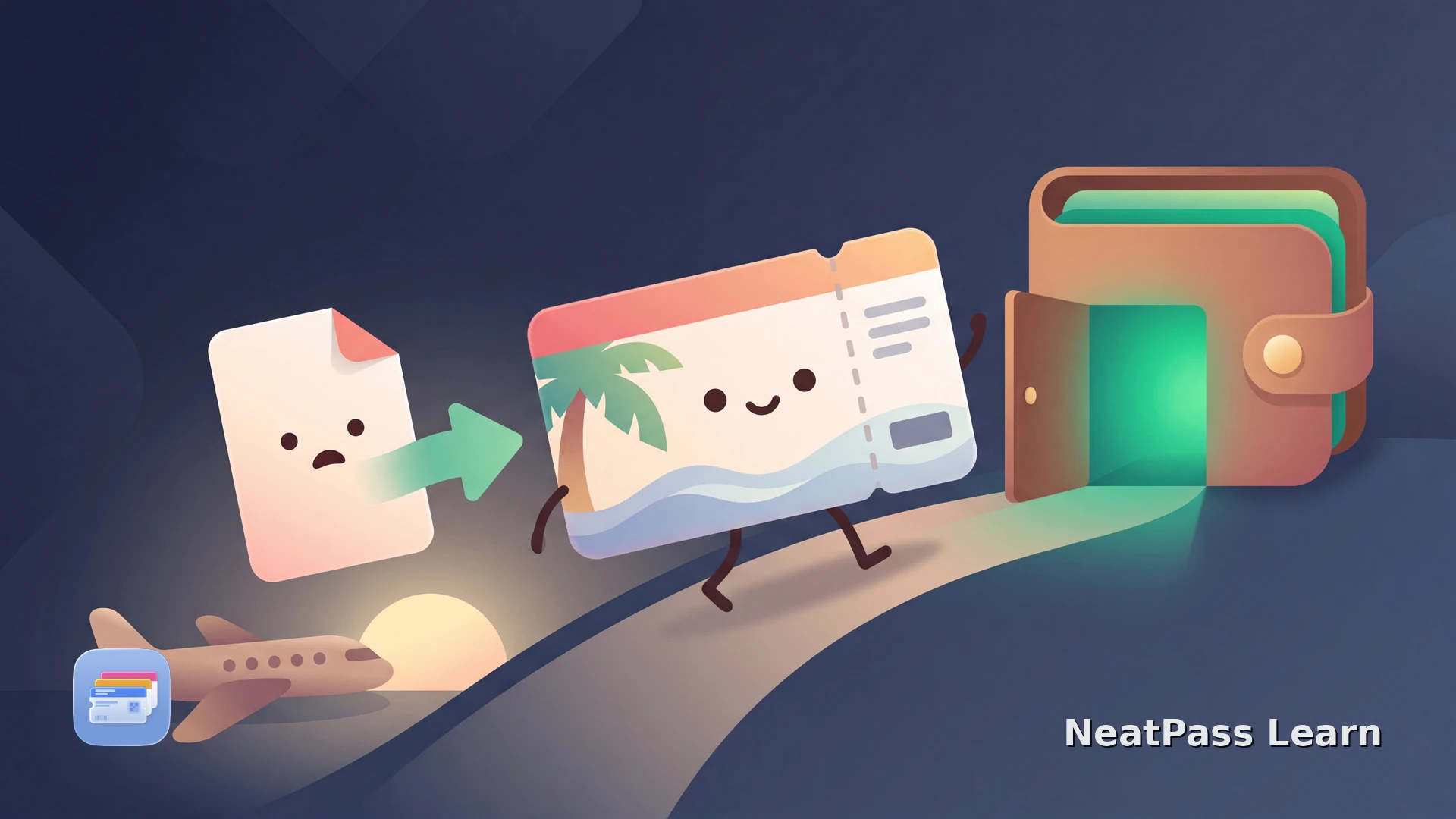 A friendly boarding pass with a happy face and a soft palm-frond motif settling into a glowing Apple Wallet house, with a worried PDF card guided in behind it