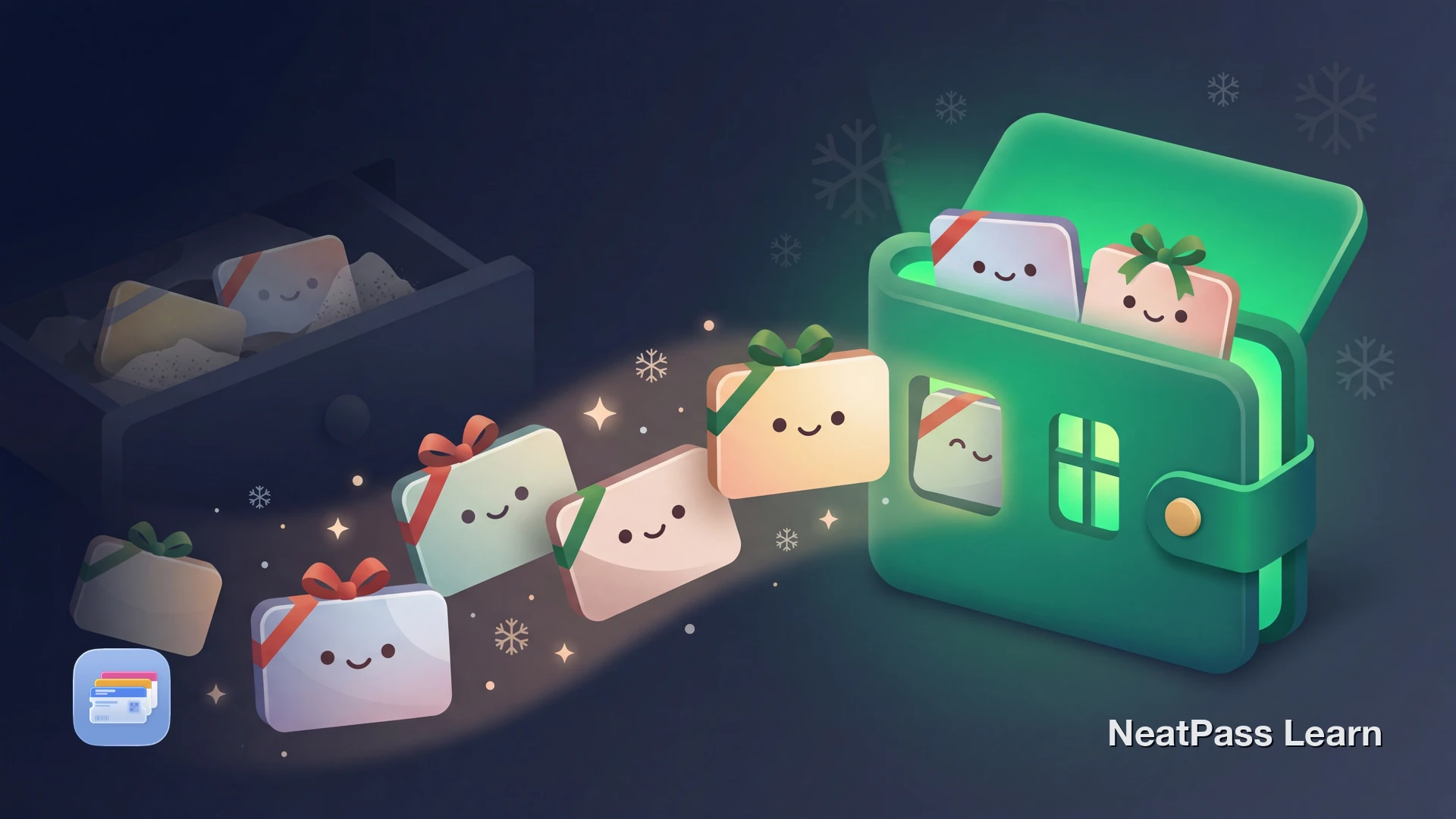 Cheerful gift cards with holiday ribbons floating into a cozy wallet home with emerald glow and festive sparkles