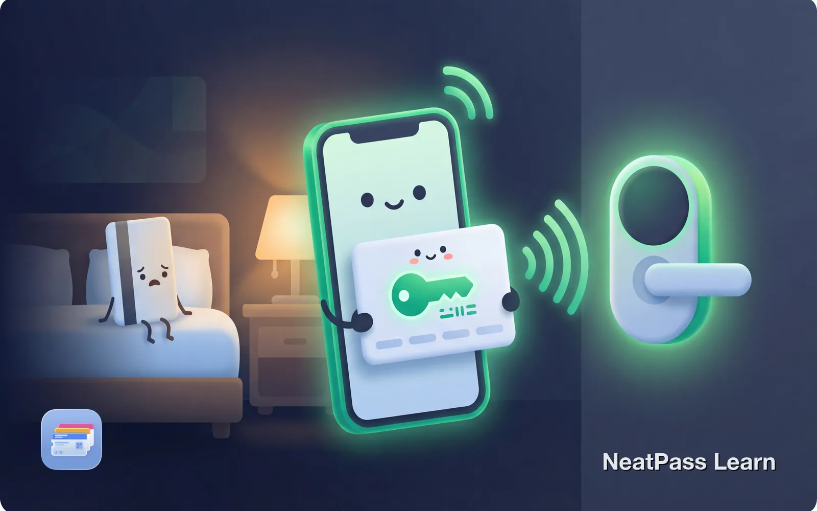 Stylized hotel door lock with a friendly key card approaching, emerald glow indicating access, with a confused expression resolving to happy