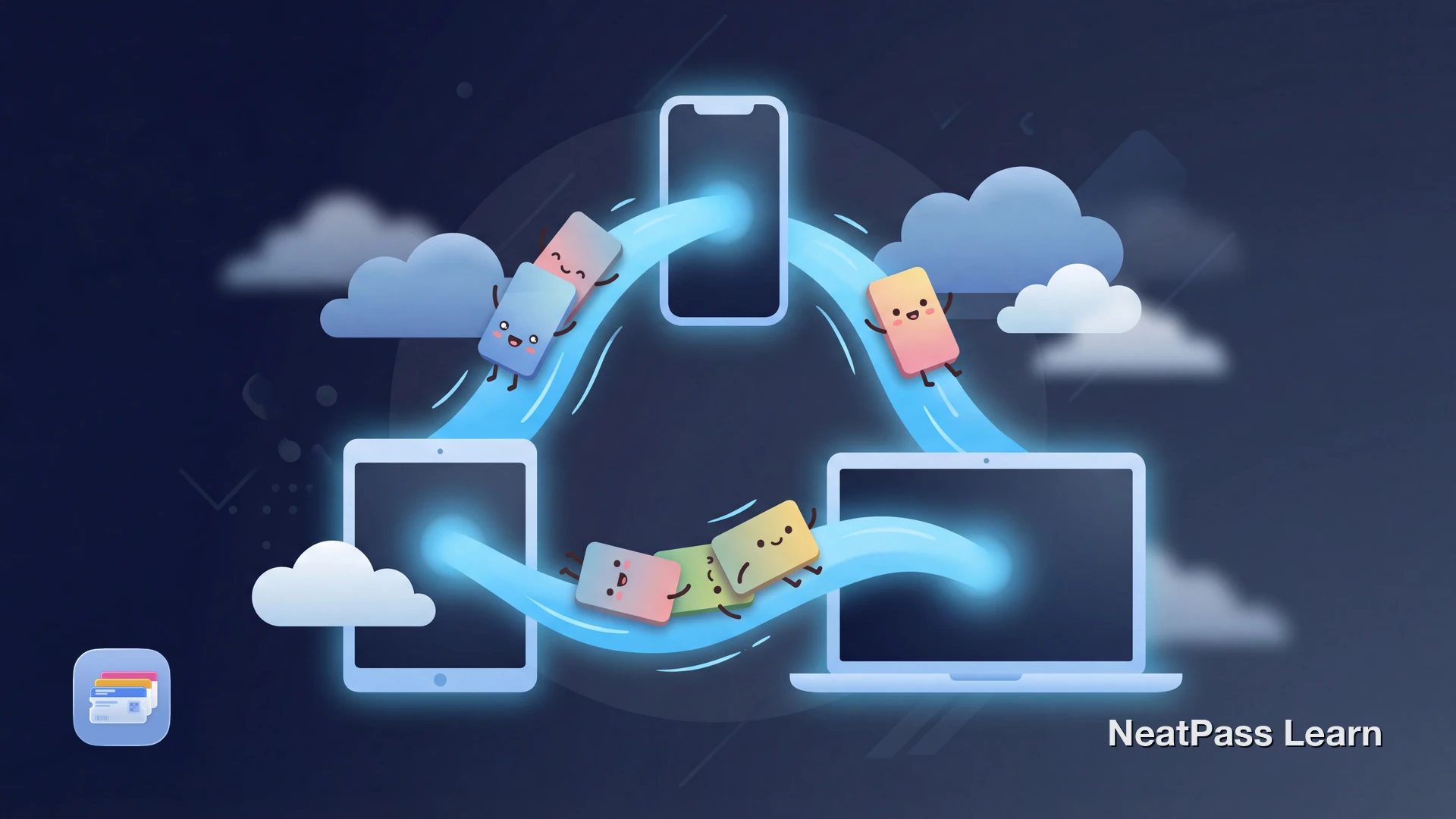 Colorful passes floating between iPhone and Apple Watch connected by glowing iCloud sync lines