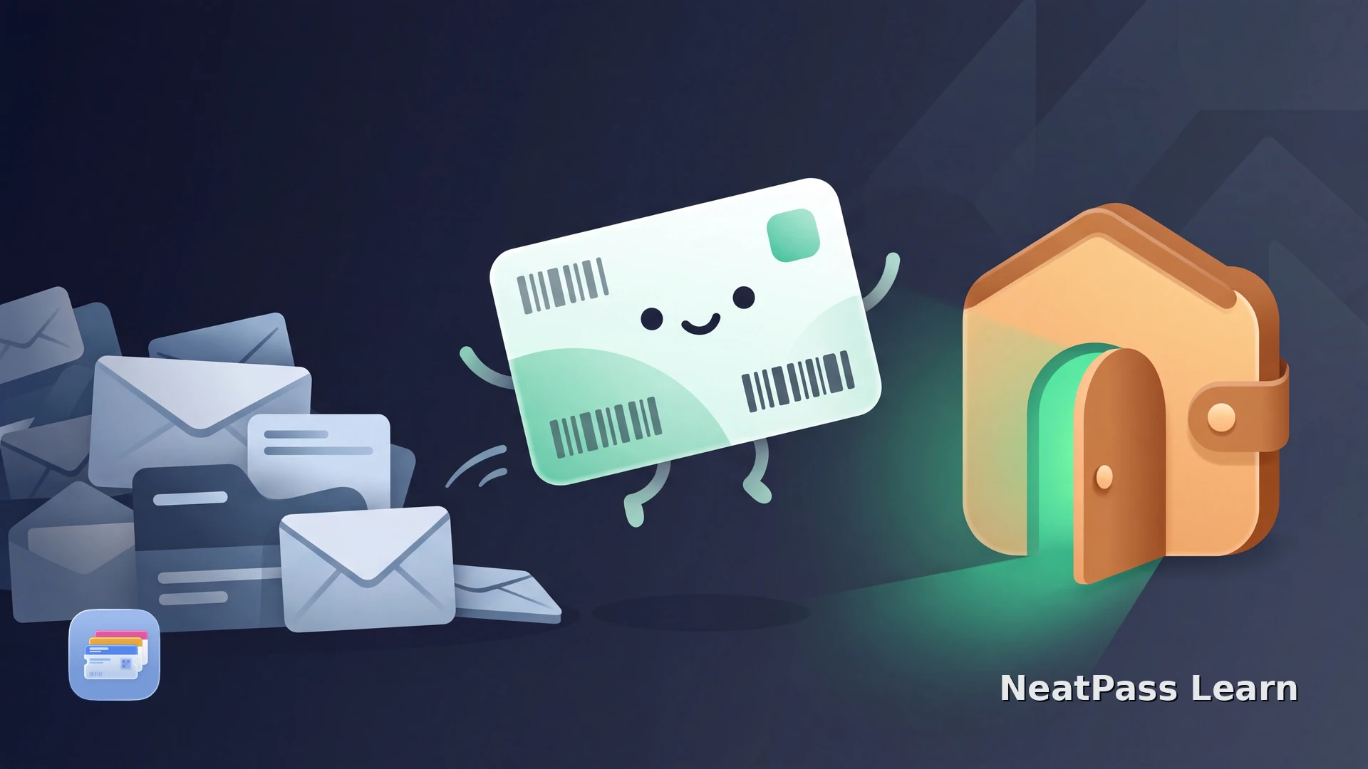 A friendly loyalty card with a small barcode face escaping a cluttered email inbox and settling into a welcoming Apple Wallet home with an emerald glow