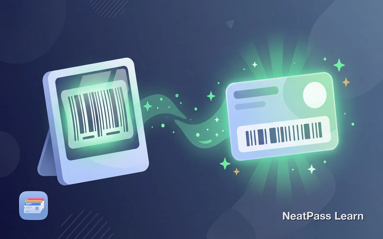 Photo gallery image floating toward a glowing wallet opening with emerald light showing barcode extraction