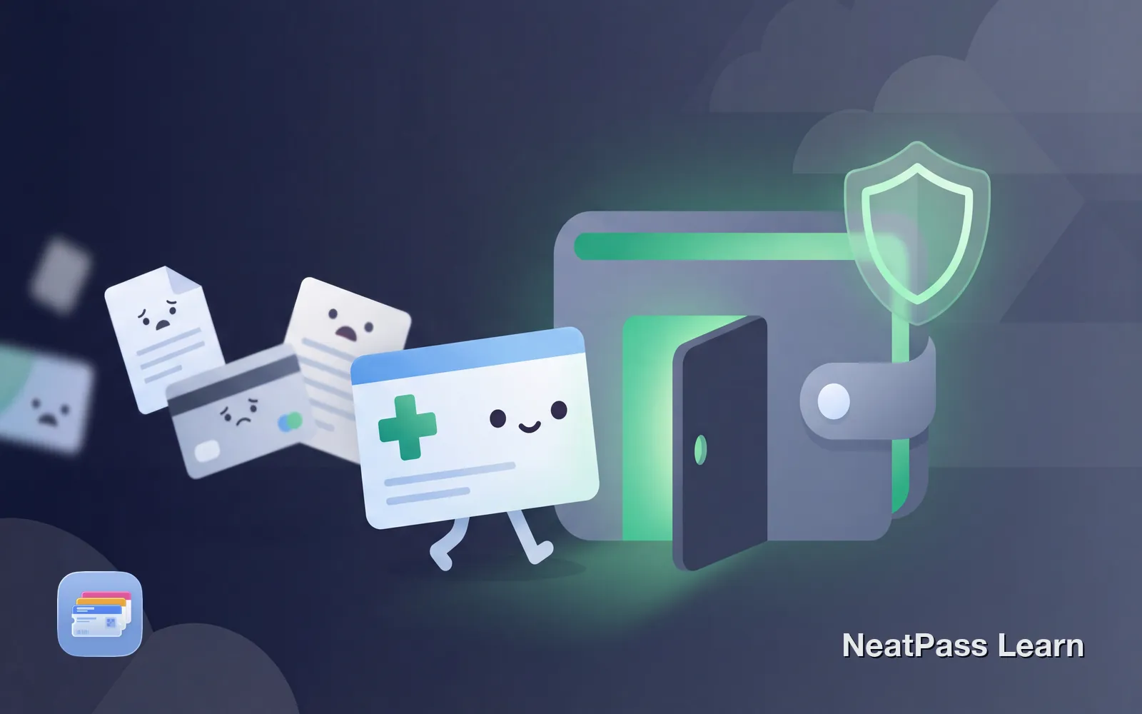 Stylized insurance card with medical cross symbol floating toward a welcoming wallet with emerald glow