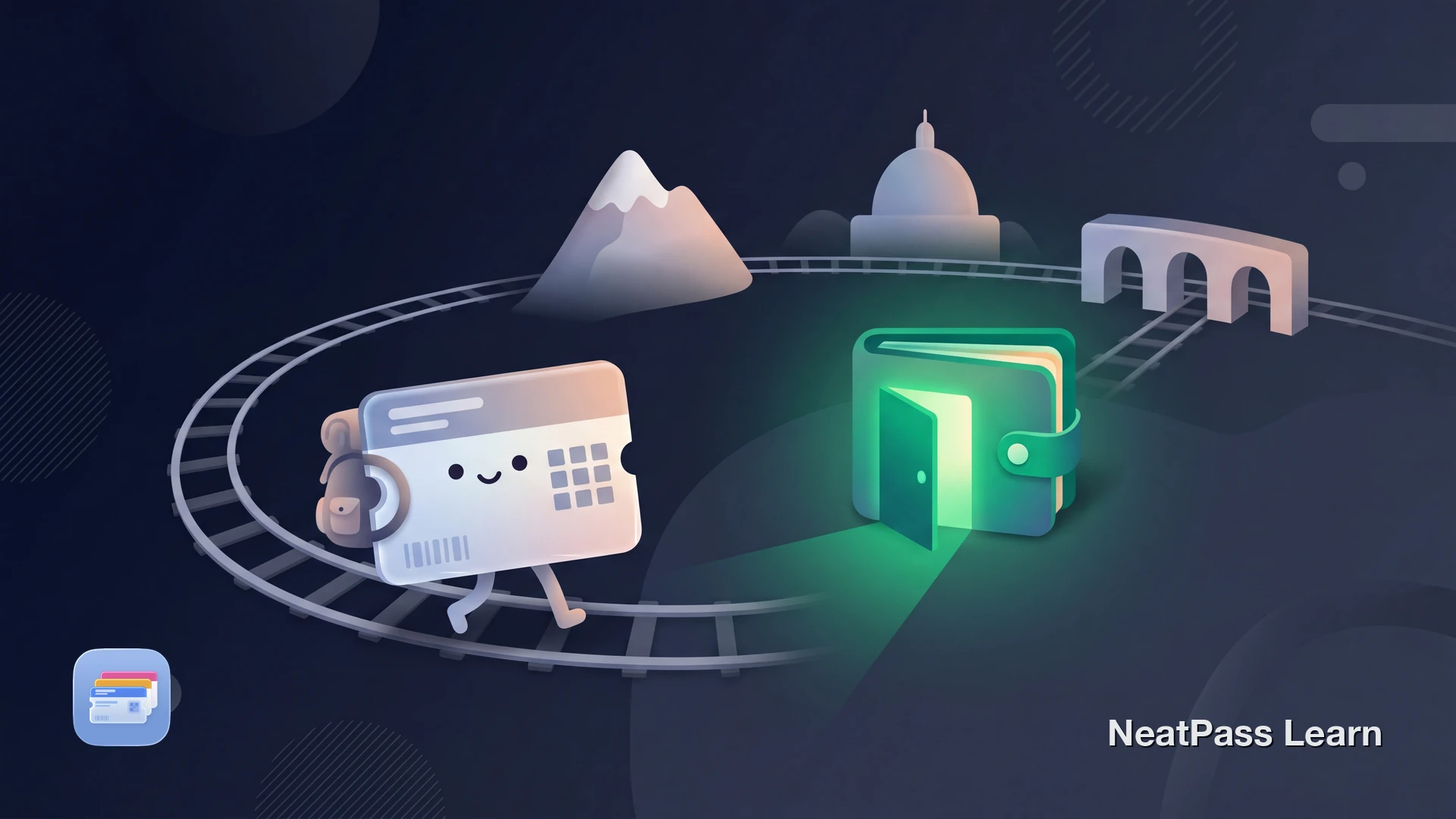 Stylized European train pass with a cute kawaii face standing next to a closed wallet, gentle emerald glow and rolling hills with rail tracks in the background
