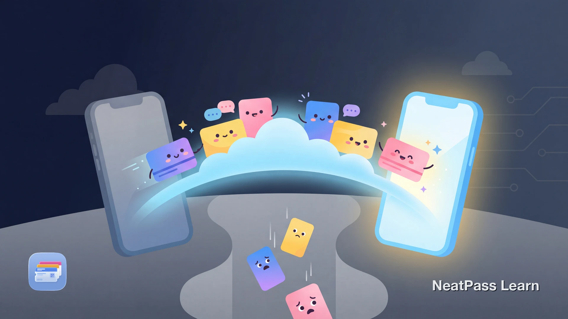Friendly pass cards with cute faces happily floating from an old phone to a new phone through a glowing cloud bridge