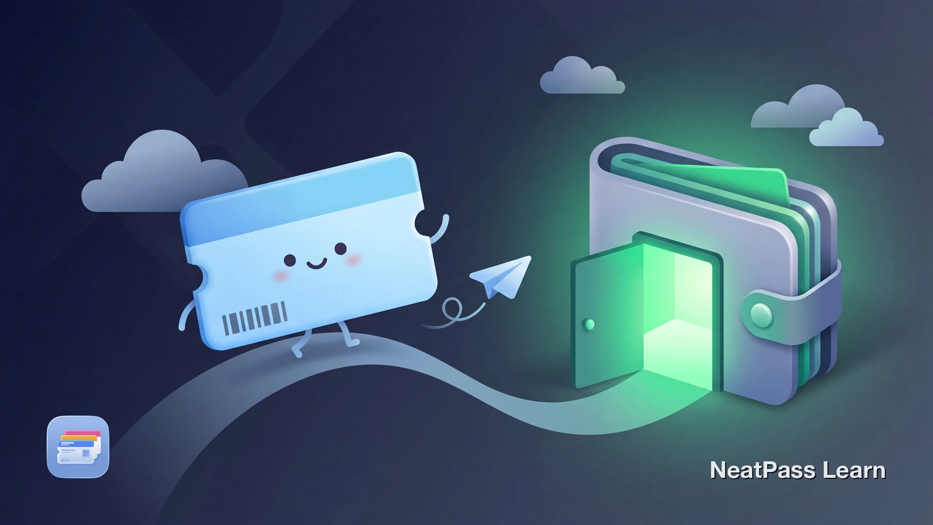 A friendly blue boarding pass with a happy face floating into a glowing Apple Wallet house, with soft clouds and a paper airplane nearby