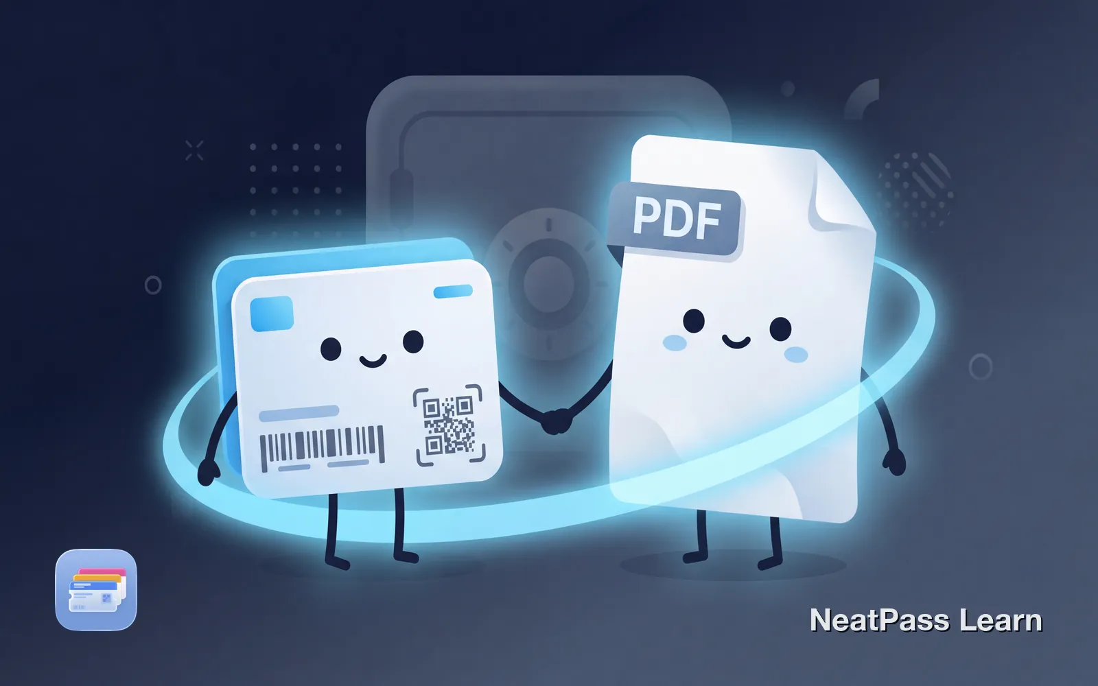 A friendly wallet pass card holding hands with its original PDF document friend, both smiling together as a team
