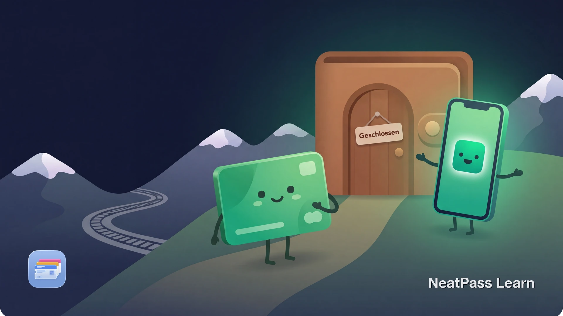 Stylized Austrian annual transit pass with a cute face standing next to an Apple Wallet doorway that has a polite closed sign, with emerald mountains in the background