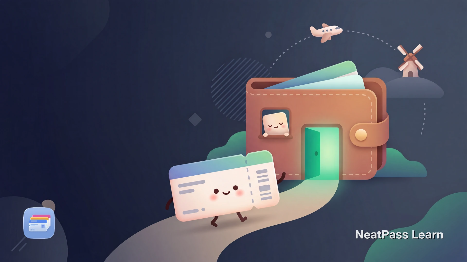 A friendly KLM-style boarding pass card with a cute kawaii face walking up to a cozy Apple Wallet home, with a small airplane circling a windmill in the sky